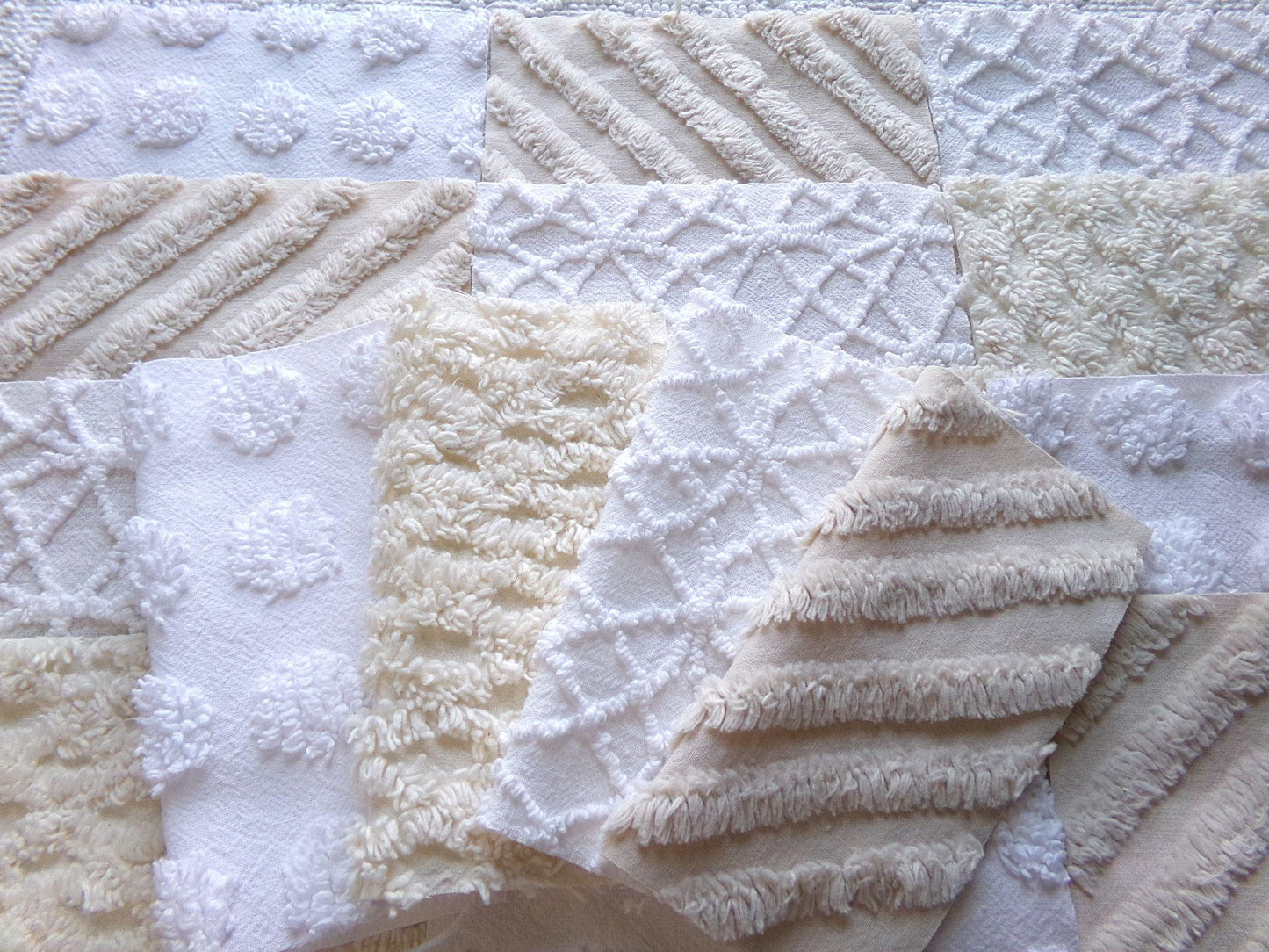 chic neutral chenille fabric squares, set of 16 vintage tan & white quilt blocks 6" ea, coin dot, geometric, infinity, for crafts, quilting