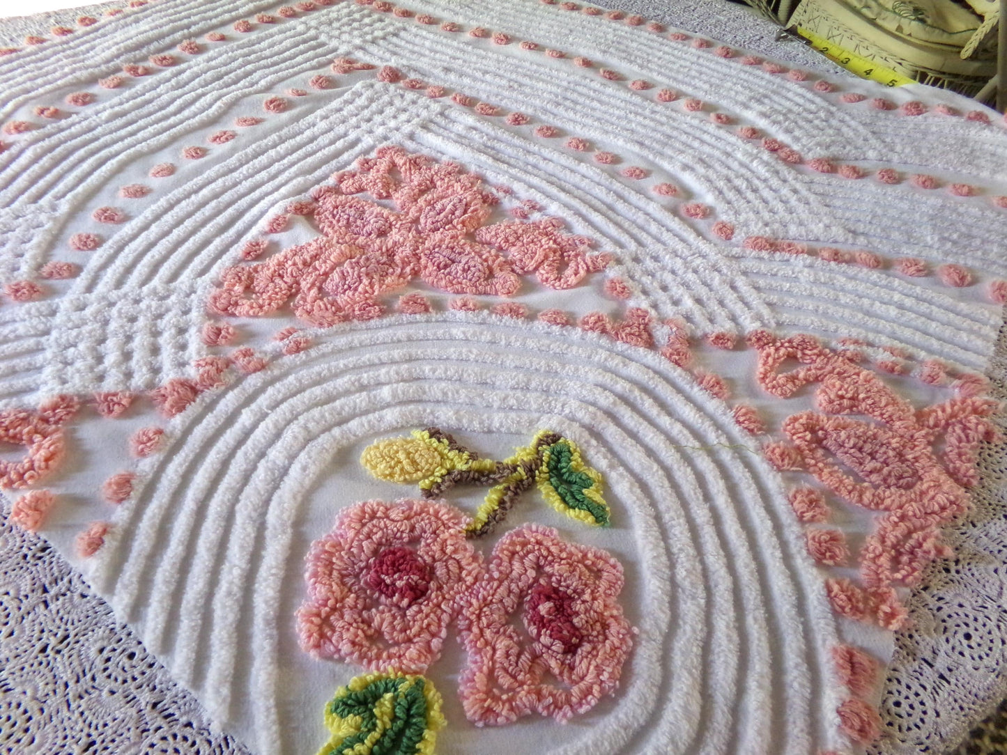 Shabby Rose Swirl Vintage Chenille Fabric, 26" x 29" inch Piece, Upcycle into Pillows, Quilts & Crafts