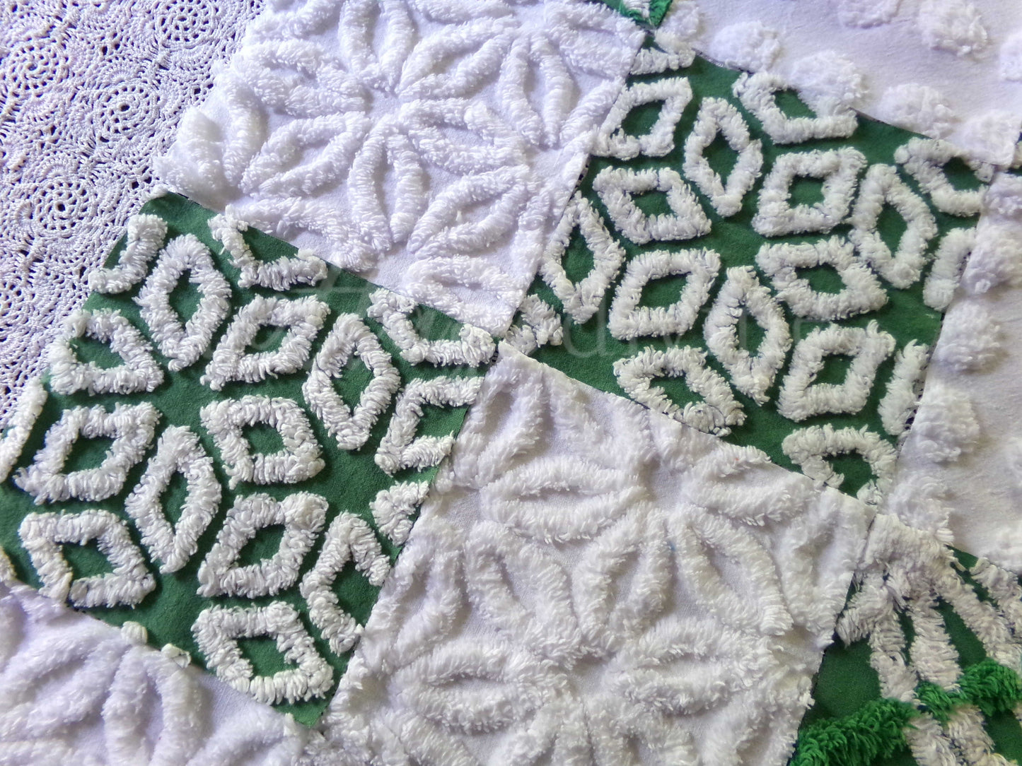 winter's enchantment vintage chenille fabric squares, set of 16 green & white quilting blocks, 6" each for patchwork pillows, quilt inlays