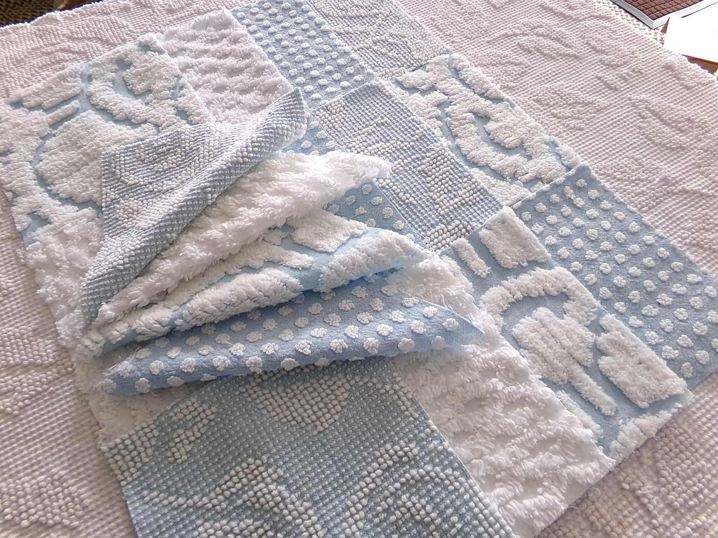 seaside chill chenille fabric squares, 16 vintage blue & white quilt blocks 6" x 6" inch, for pillows, quilting, crafts