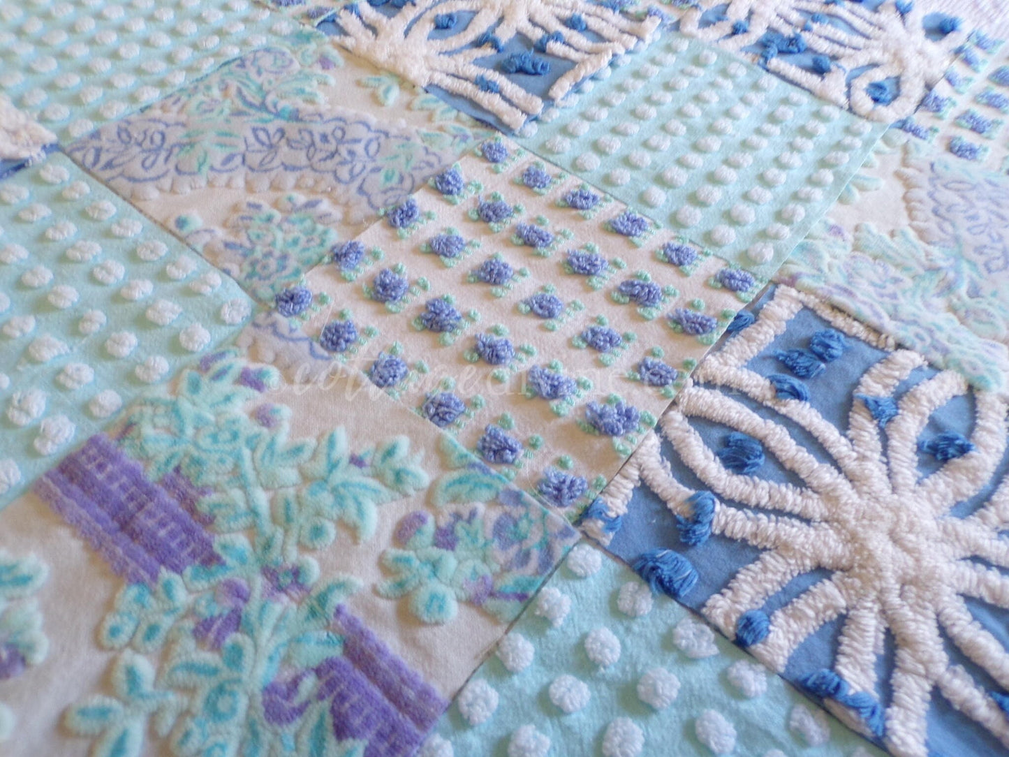 Mystic Moonglow Luxury Chenille & Velvet Quilt Squares Set from Vintage Bedspread Fabric, 16 Blocks, 6" inch