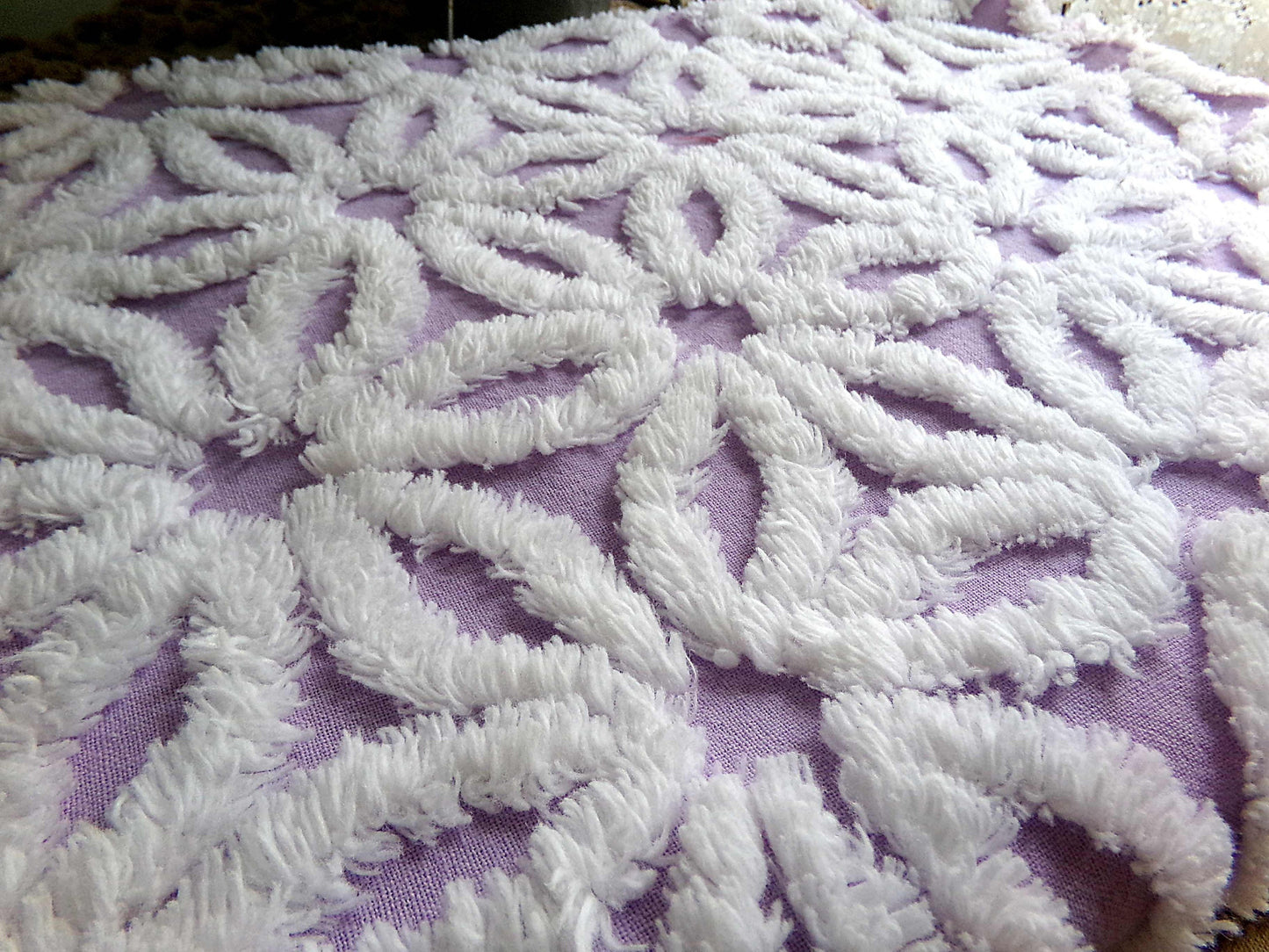 Spring Lavender Vintage Chenille Fabric in Lilac Purple & Fluffy White Daisy, 19" x 25" inch Piece, Lovely in Quilts