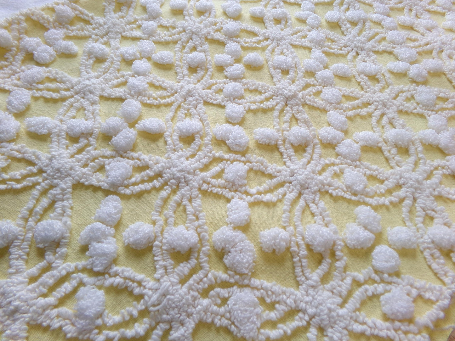 sunny yellow vintage chenille fabric, 20" x 24" piece of craft material for sewing, quilting in white overtufted pops & spider ring pattern