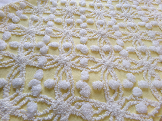 sunny yellow vintage chenille fabric, 20" x 24" piece of craft material for sewing, quilting in white overtufted pops & spider ring pattern