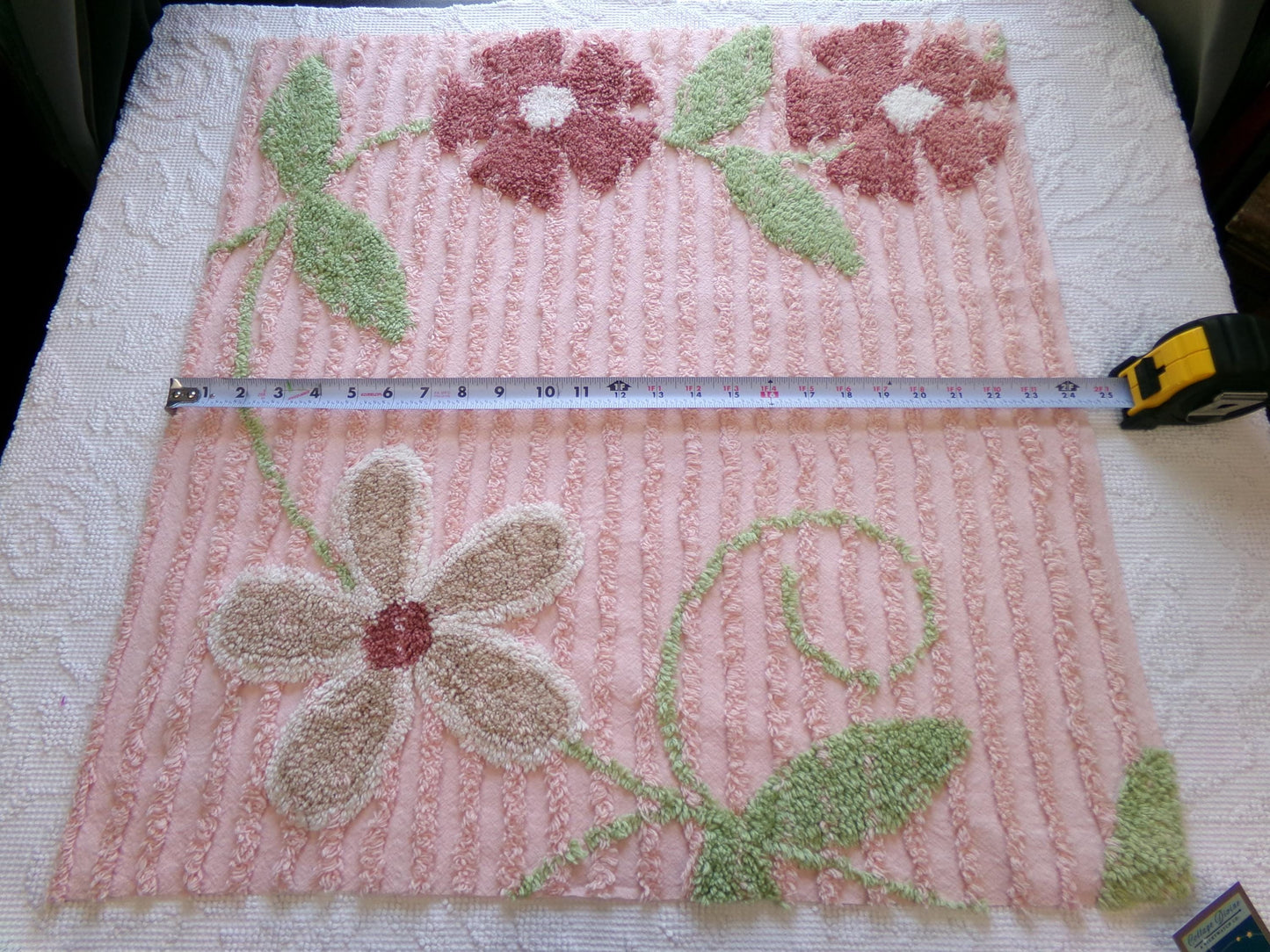 Rosy Pink Floral Vintage Chenille Fabric, Wideset Climbing Daisy Flower Design, 25" x 24" inch Piece of Cotton Sewing Material