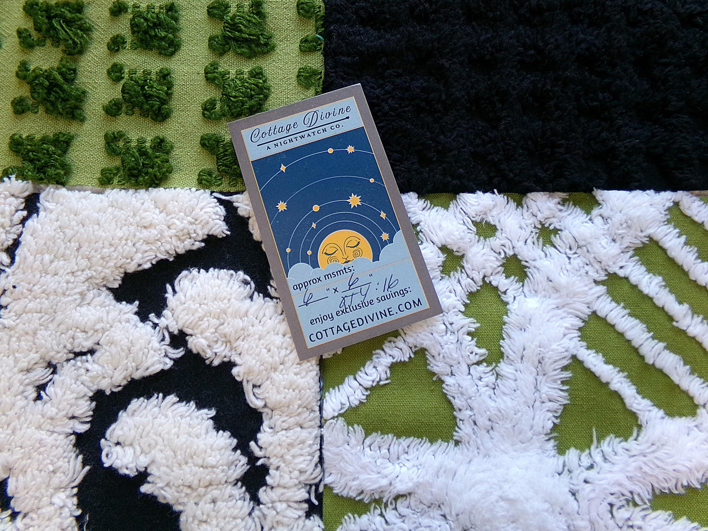 goblin green & black vintage chenille fabric squares, set of 16 boho 6" quilt blocks for crafts, sewing, diy pillow covers