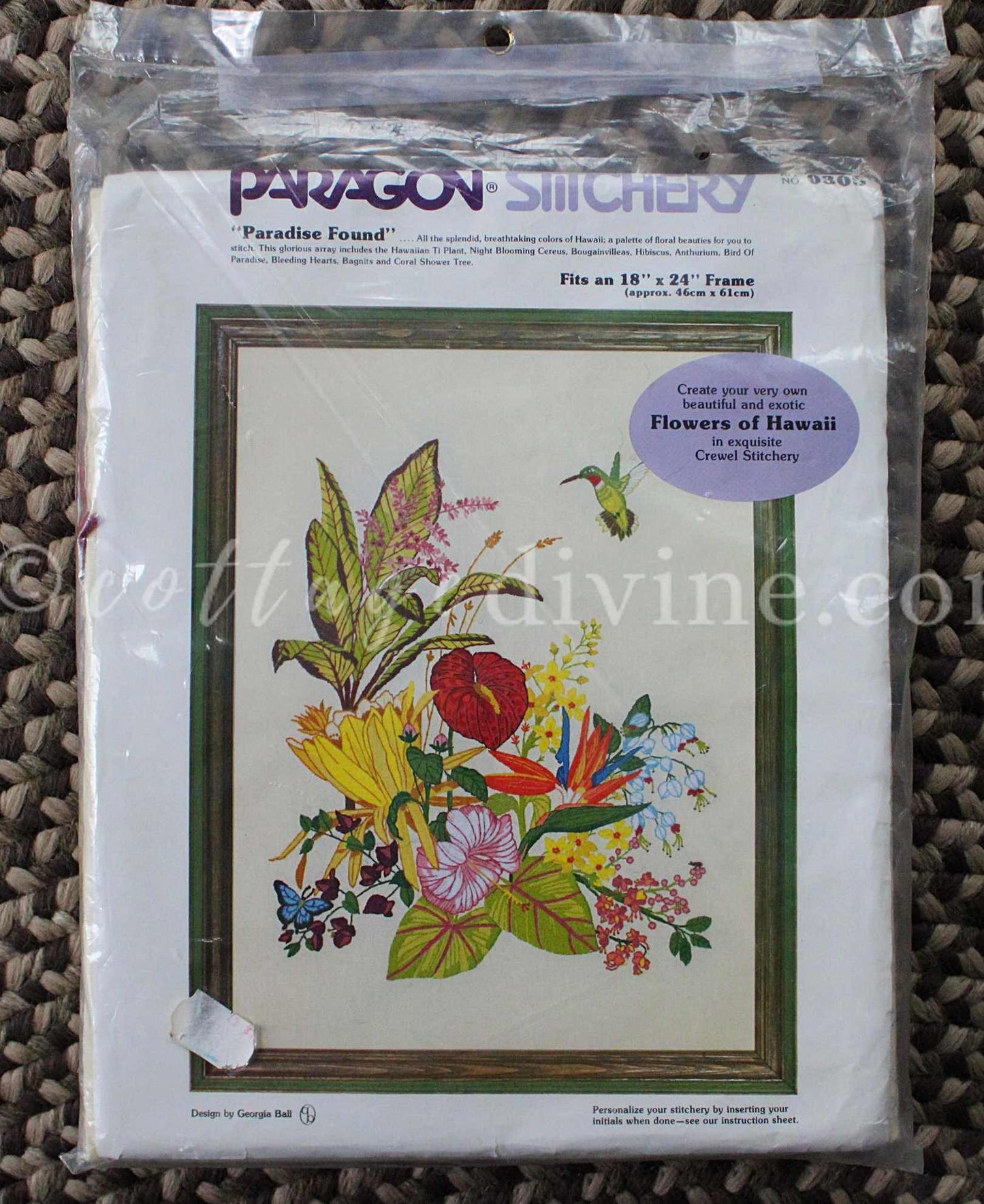 PARADISE FOUND Flowers of Hawaii Hummingbird Vintage Crewel Stitchery Kit by Paragon, Georgia Ball, # 0308