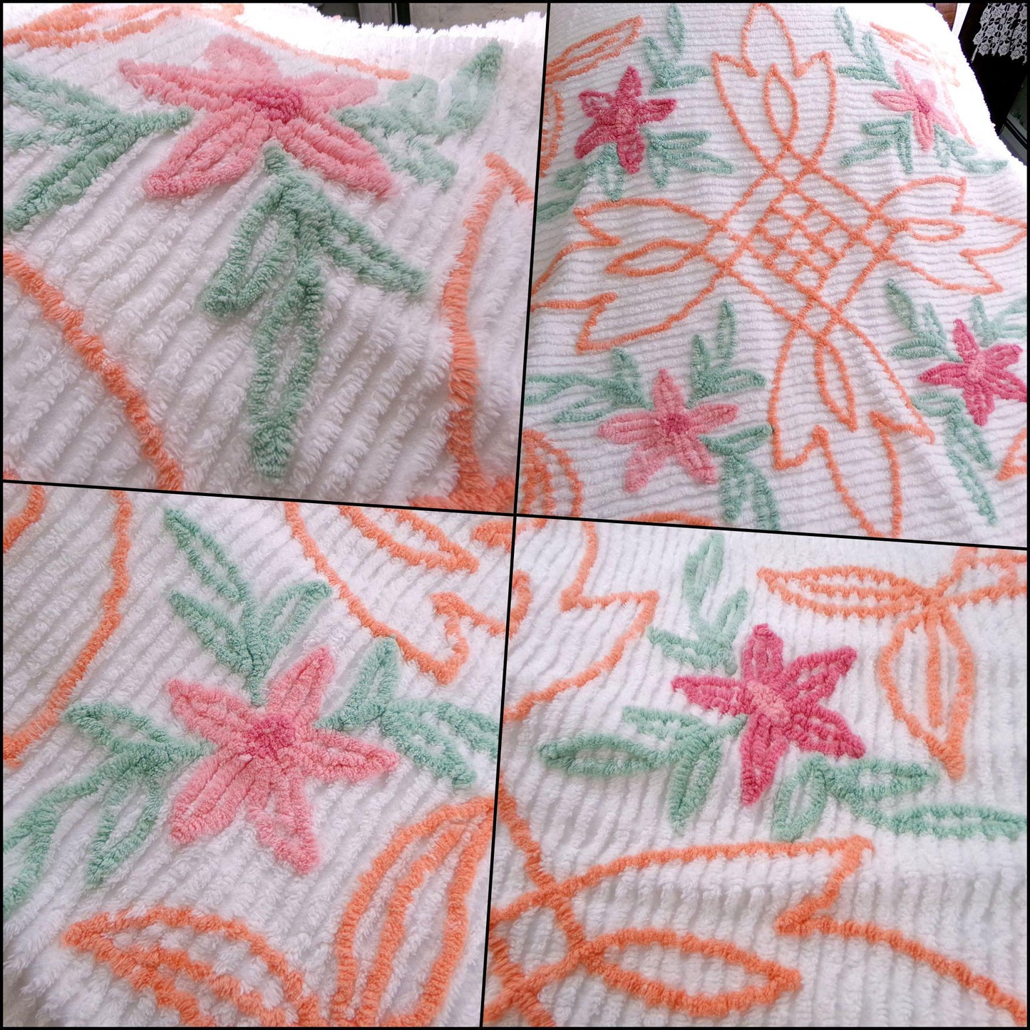 botanical white chenille bedspread, pink lily flowers & citrus orange scrollwork, full size cotton bedding, great summer coverlet