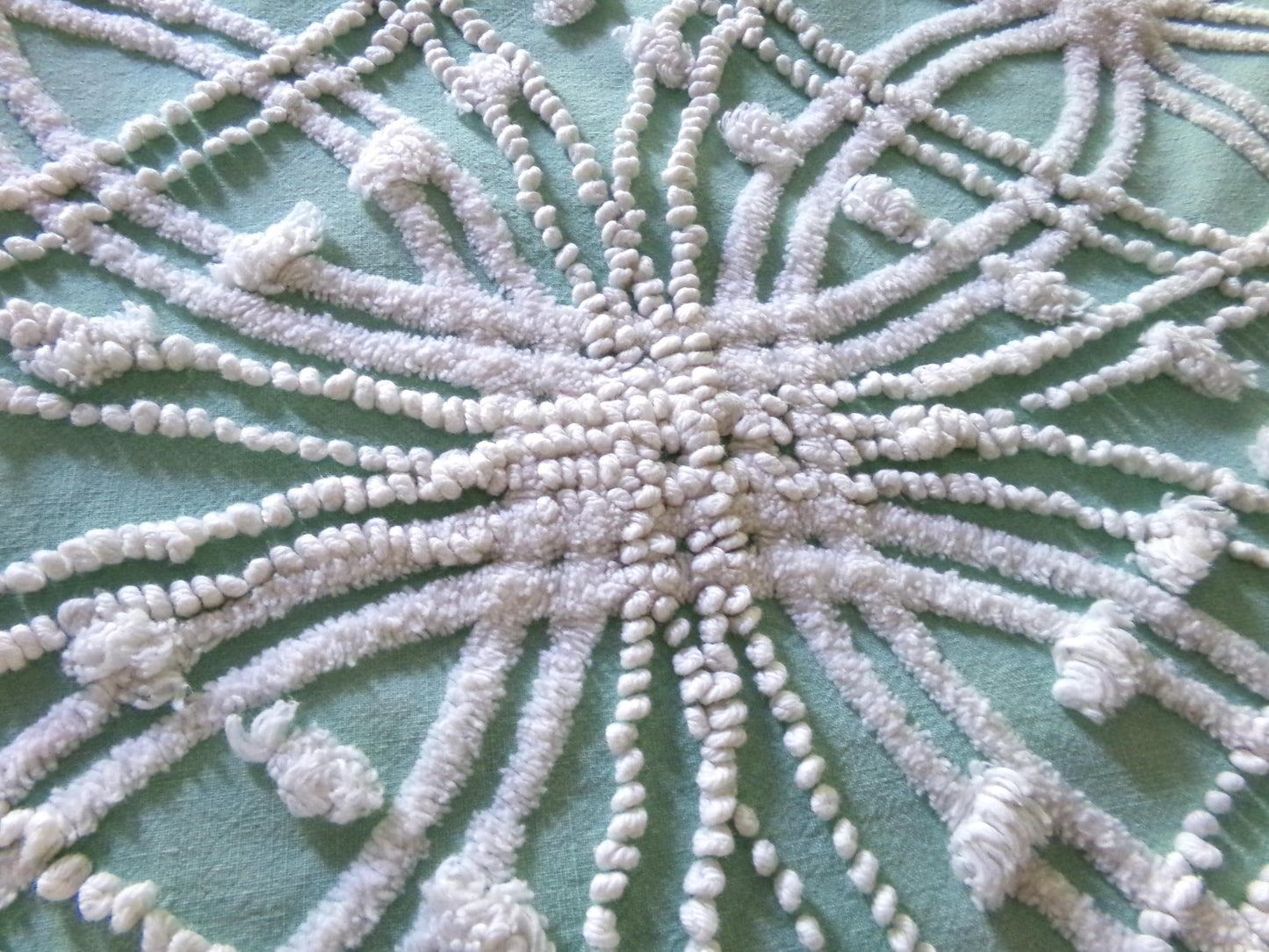chic jade green vintage chenille fabric, white spider web design, 20" x 26" inch piece for quilting material & sewing