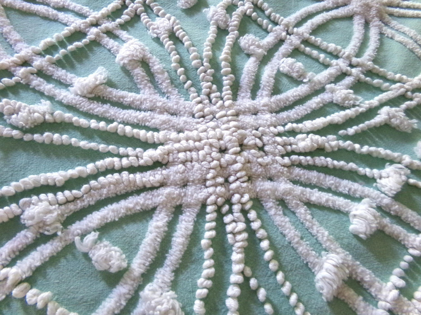 spiderweb jade green vintage chenille fabric, unique texturized web pattern on this 18" x 23" inch piece of sewing material