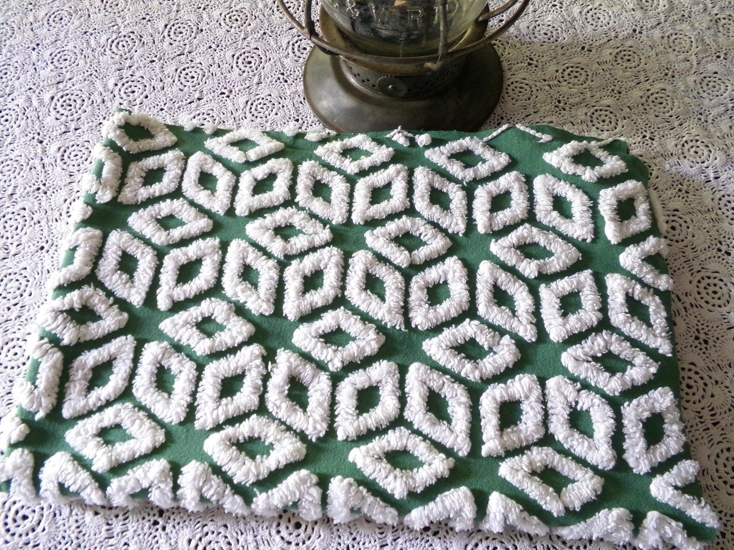 Forest Green Snowflakes Vintage Chenille Material, 18" x 25" inch Fabric Piece, 100% Cotton, Geometric Wedge White Snowflake Design