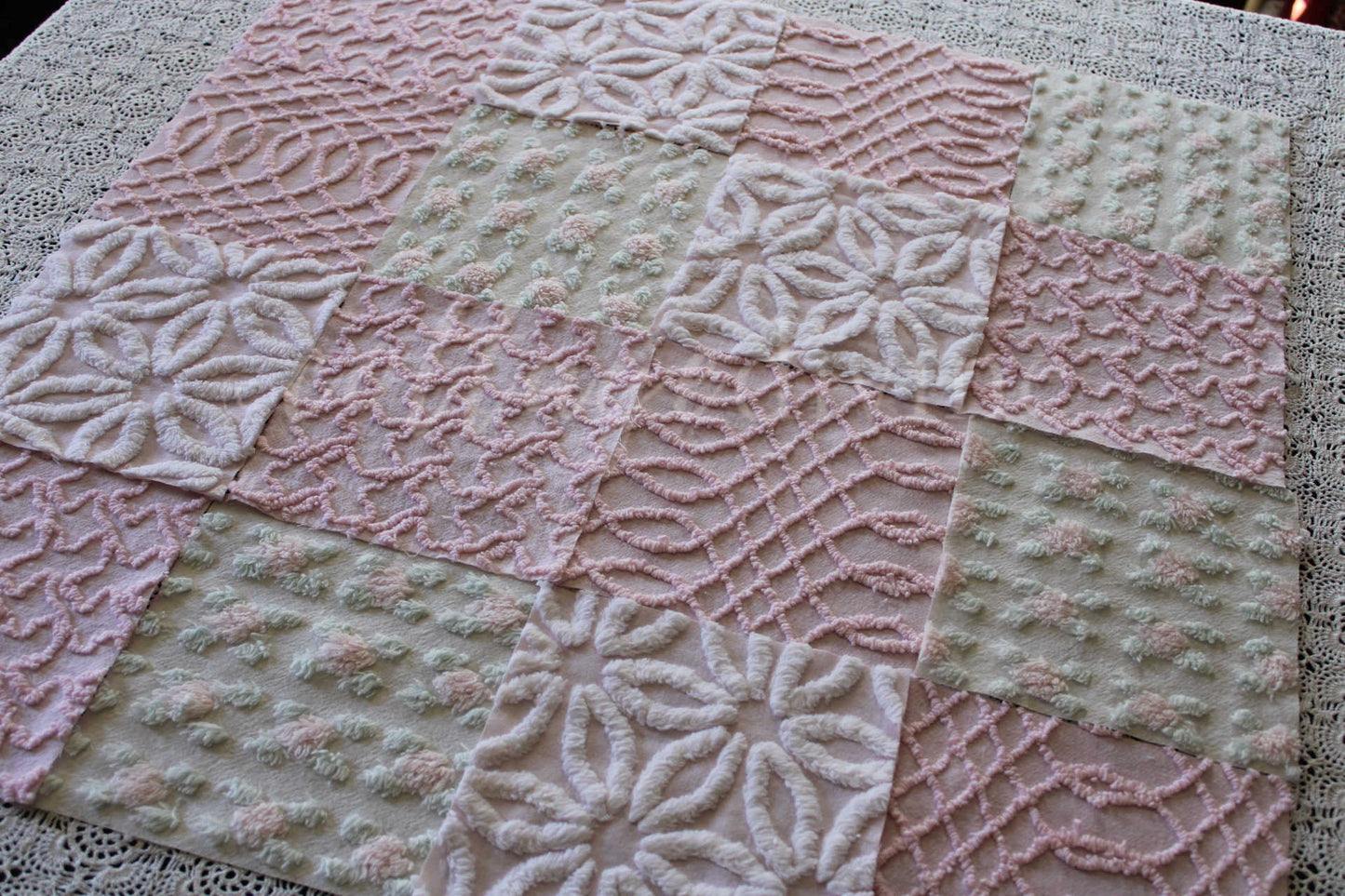 Pink Quilt Squares, Daisy Rosebud Craft Square Set from Vintage Bedspread Fabric, 16 Blocks, 6" x 6" inch