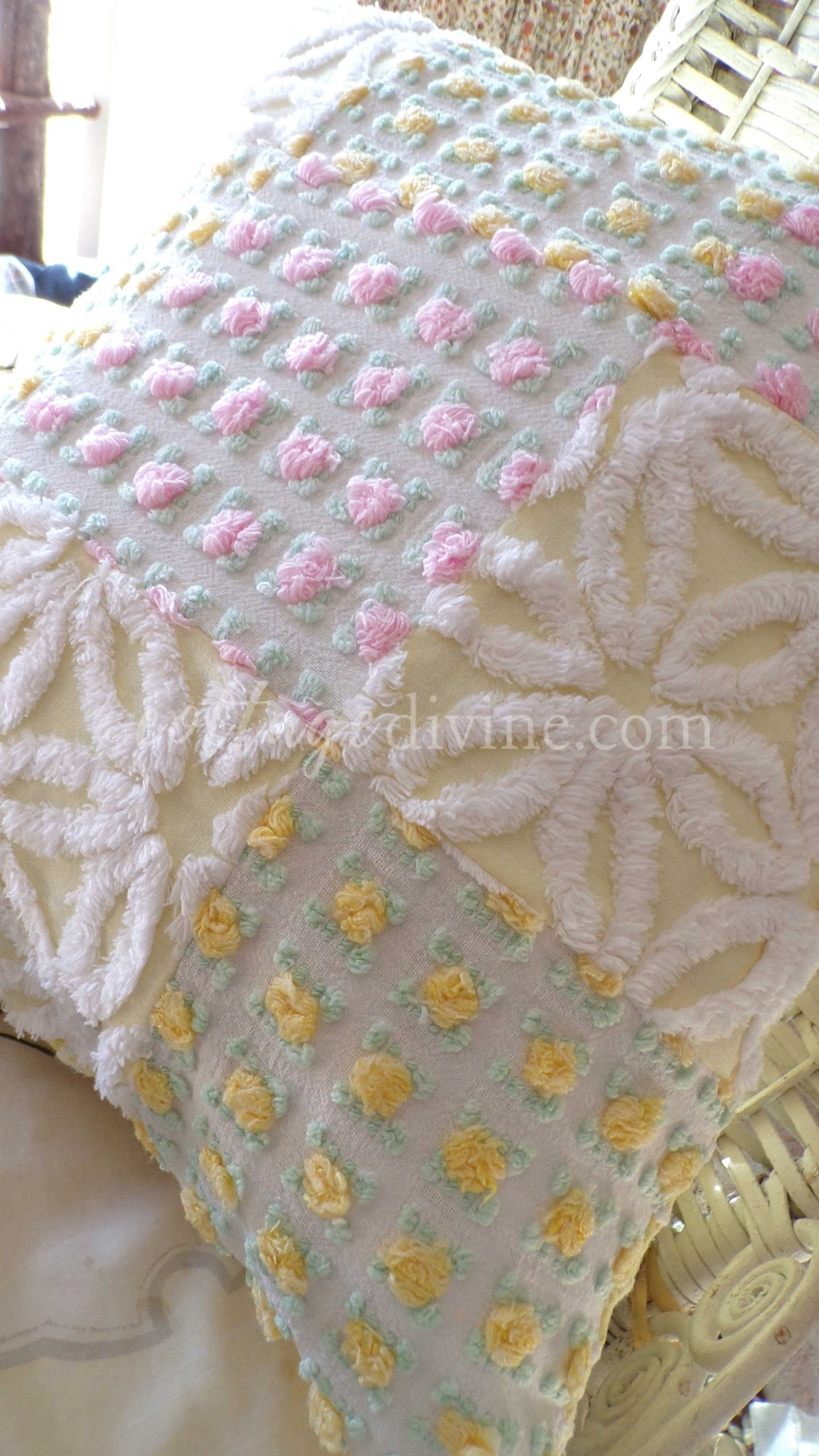 Daisy Rose Romantic Cottage Chenille Pillow Cover 16" x 16" inch Square, REVERSIBLE Accent Pillow, Vintage Shabby Patchwork Design