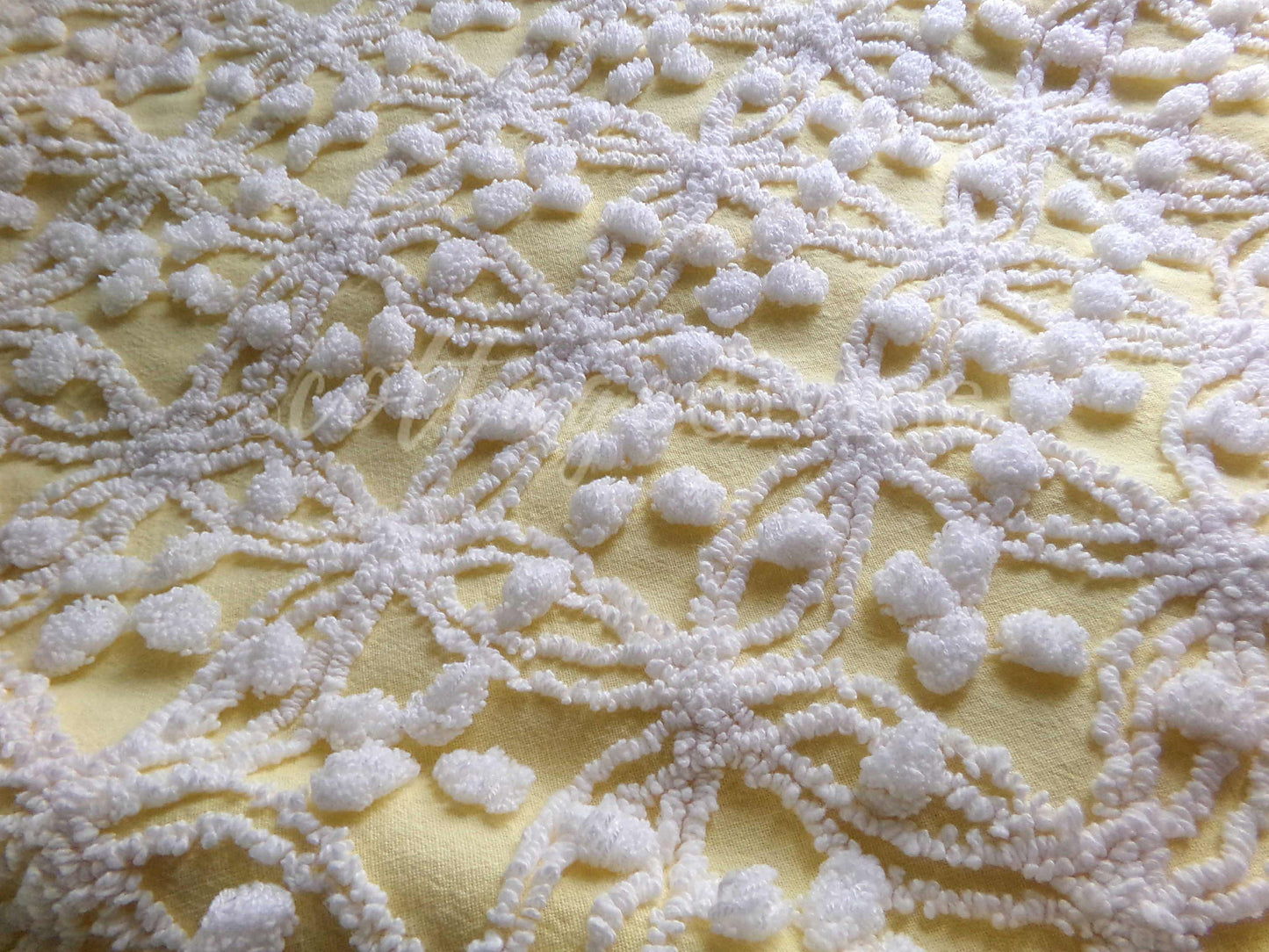 Sunny Yellow Vintage Chenille Fabric, White Geometric Wedding Ring & Pop Design, 20" x 24" Inch Piece, Popular in Handmade Quilts