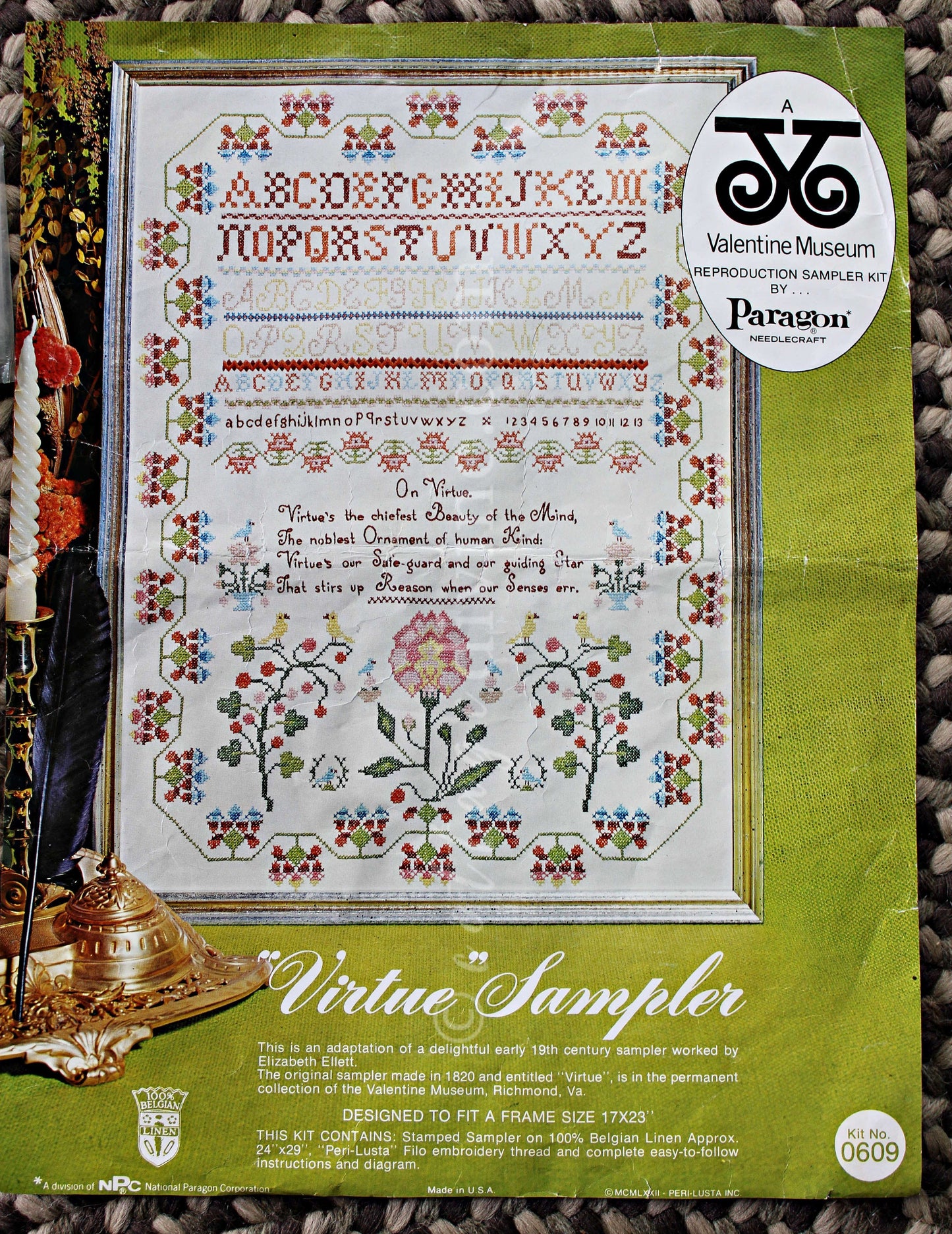 Rare VIRTUE Embroidery Sampler, Paragon Needlecraft Valentine Museum Reproduction, Vintage Cross Stitch Stitchery Kit # 0609, Belgian Linen