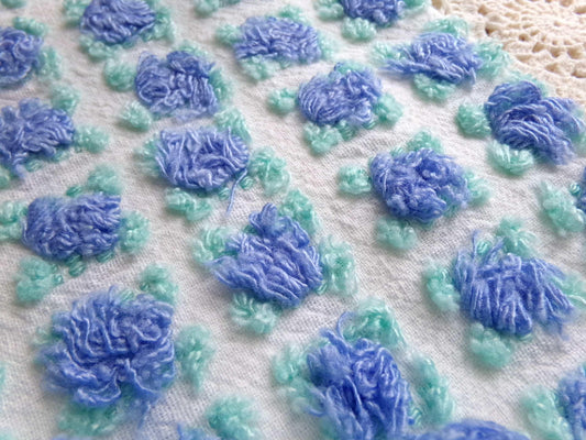 periwinkle blue rosebud chenille fabric, 20" x 24" inch piece cut from NOS vintage chenille bedspread, lovely blue roses quilt material