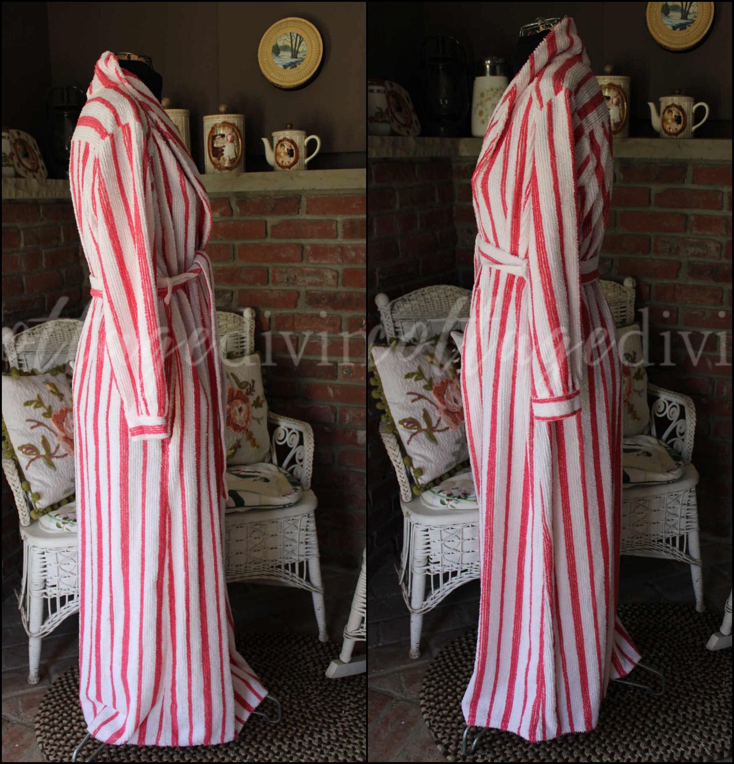 Feminine Flattering Vintage Chenille Robe, Siren Red & White Stripes Bathrobe, Ladies Size S, Lightweight Summer Cotton Blend