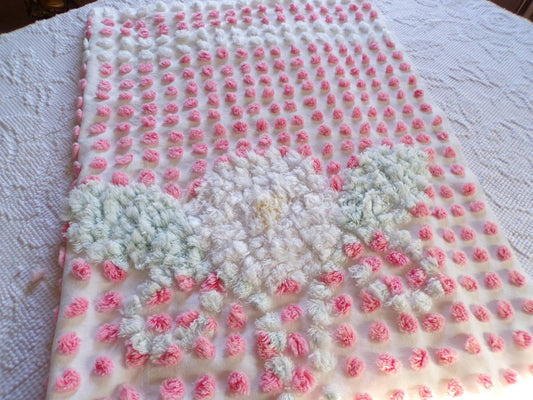 Angelic White Lily Cupcake Pink Pops Handtufted Vintage Chenille Fabric, 21" x 28" inch antique piece, Beautiful in DIY Pillows