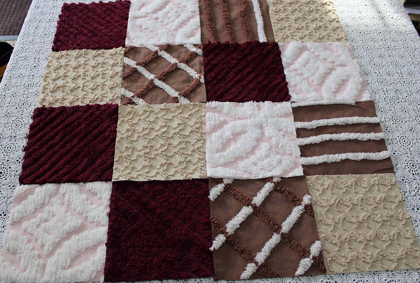 chocolate raspberry chenille fabric squares, 16 vintage quilt blocks, 6" x 6" inches ea, great shades of brown, merlot, mocha, white