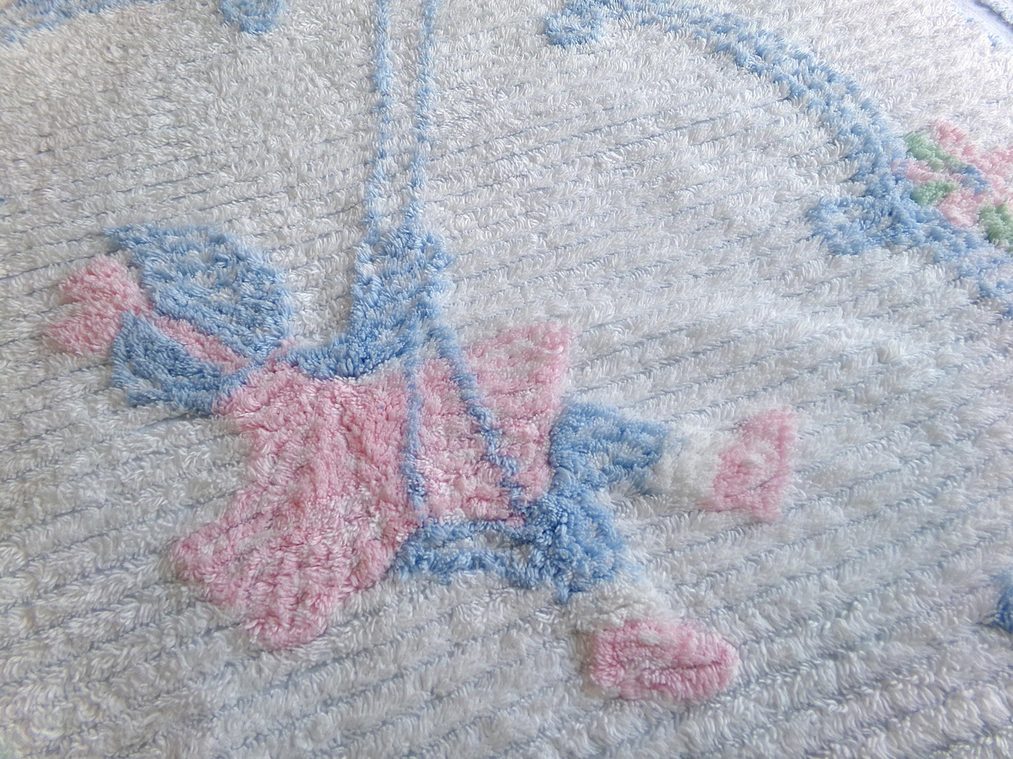 vintage chenille fabric panel: carefree little girl on swing in cameo of pink lilies, 28" x 38" large cut piece