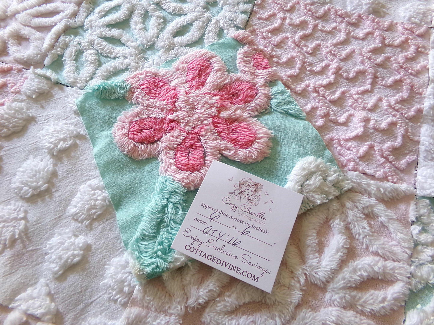 cottage chic 6" chenille squares, set of 17 aqua, pink & white quilt blocks cut from vintage chenille bedspread fabrics, daisies 'n dots