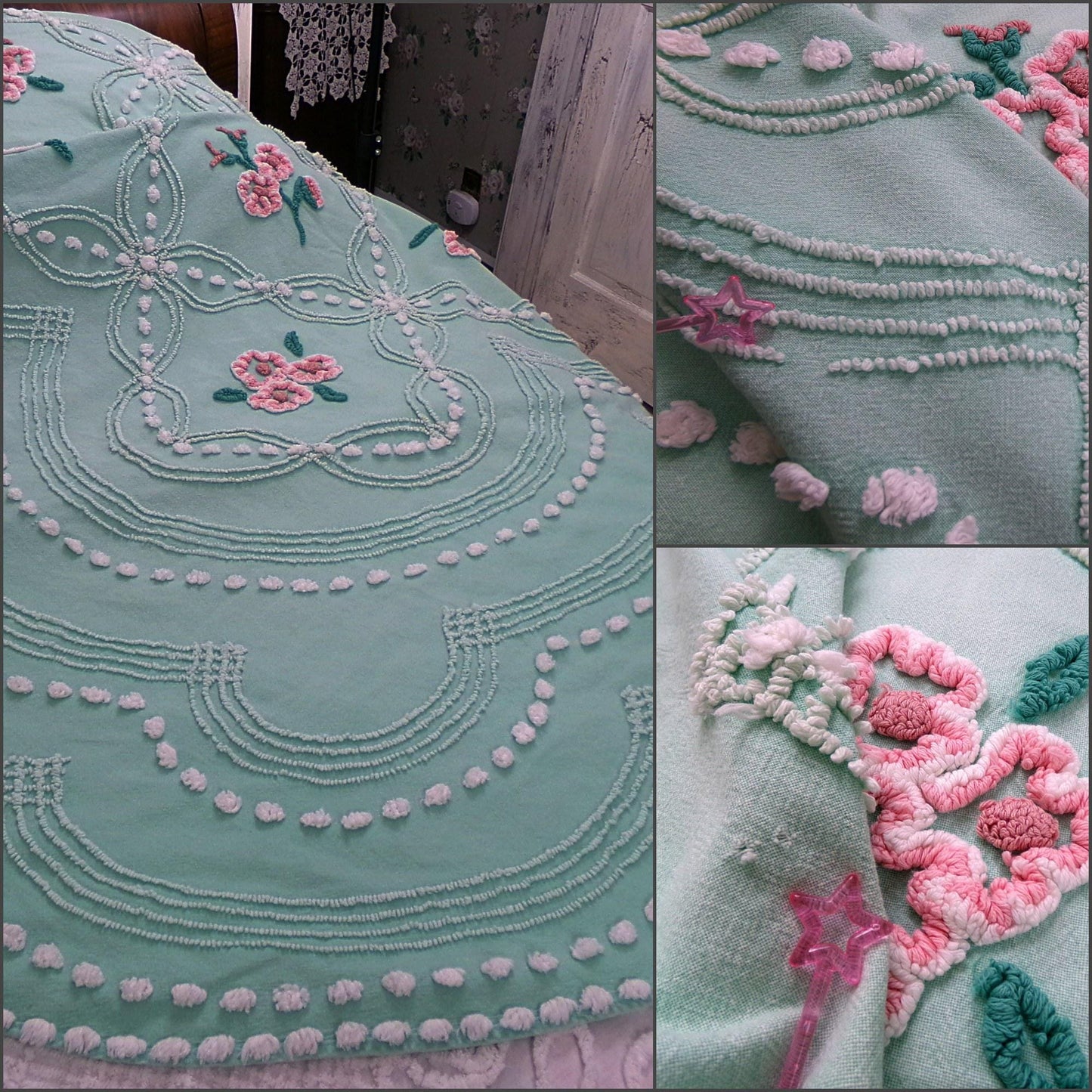 jade green pink rose vintage chenille bedspread, beautiful twin size shabby chic style bedding, great as a summer cottage coverlet