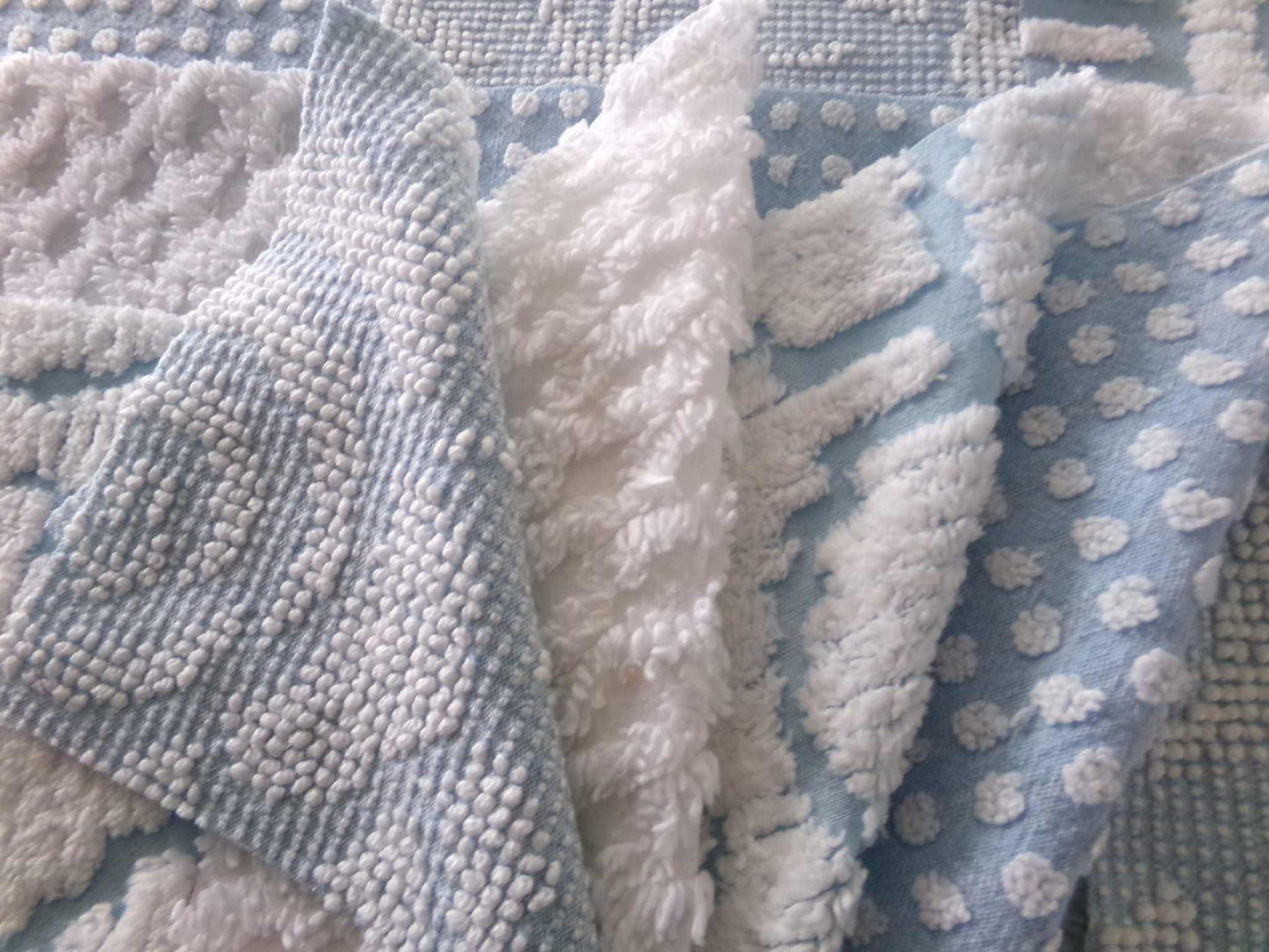 seaside chill chenille fabric squares, 16 vintage blue & white quilt blocks 6" x 6" inch, for pillows, quilting, crafts
