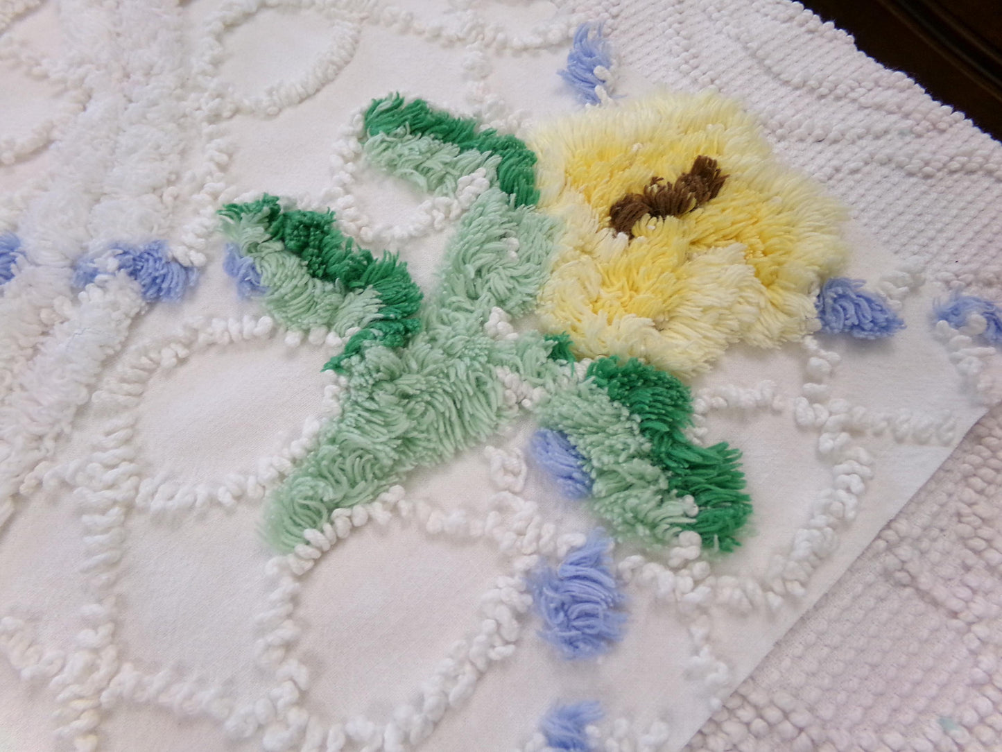 rose cottage vintage chenille fabric, floral design on white, 19" x 25" cut piece for arts & crafts