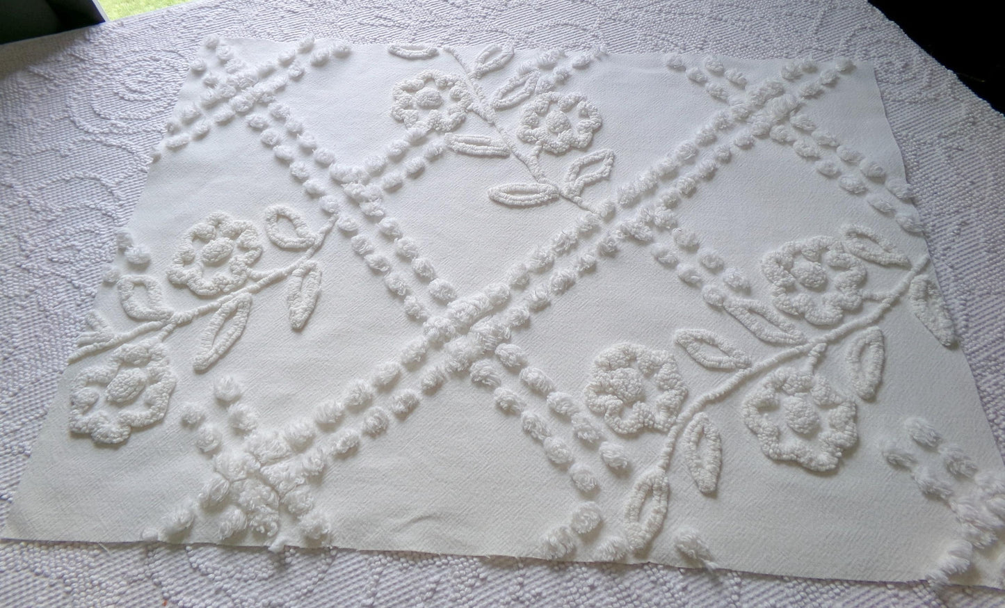 Vintage White Floral Chenille Fabric: Farmhouse Style 23" x 16" Cut Piece