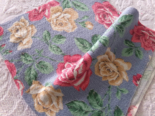 shabby chic rose barkcloth fabric, lovely floral blooms on blue, 27" x 16" inch piece, great vintage sewing material for pillows