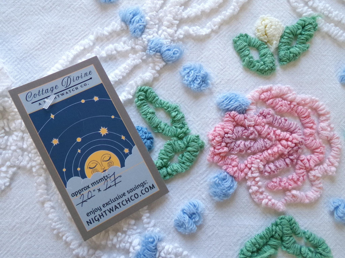 favorite cottage style vintage chenille fabric, pink roses & blue dots, 20" x 27" piece of white sewing material for quilting and crafts