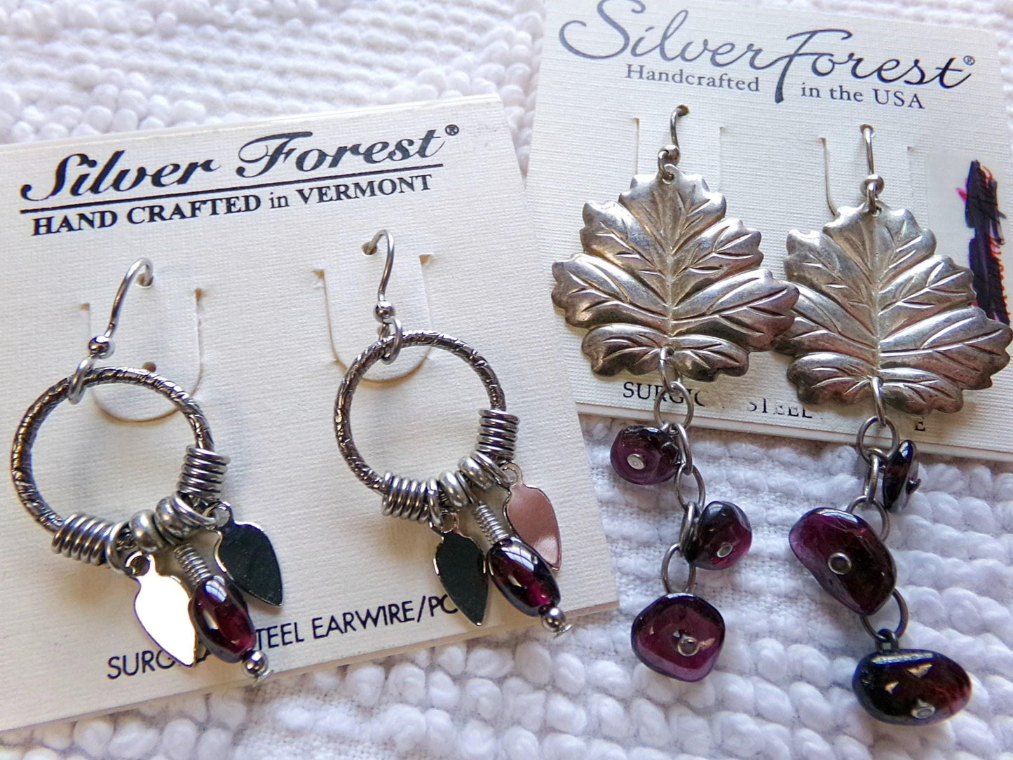 Vintage Lot Boho Earrings, 2 Pair Silver Forest Silvertone Pierced Dangle Earring, maple leaf & beads, small hoops w/ dangling feathers