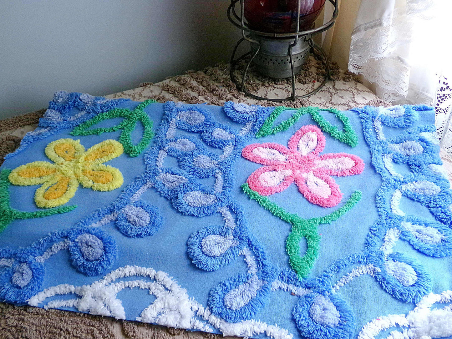 Teardrop Blue Floral Vintage Chenille Fabric, 20" x 21" Inch Piece, Great for Pillow Cover