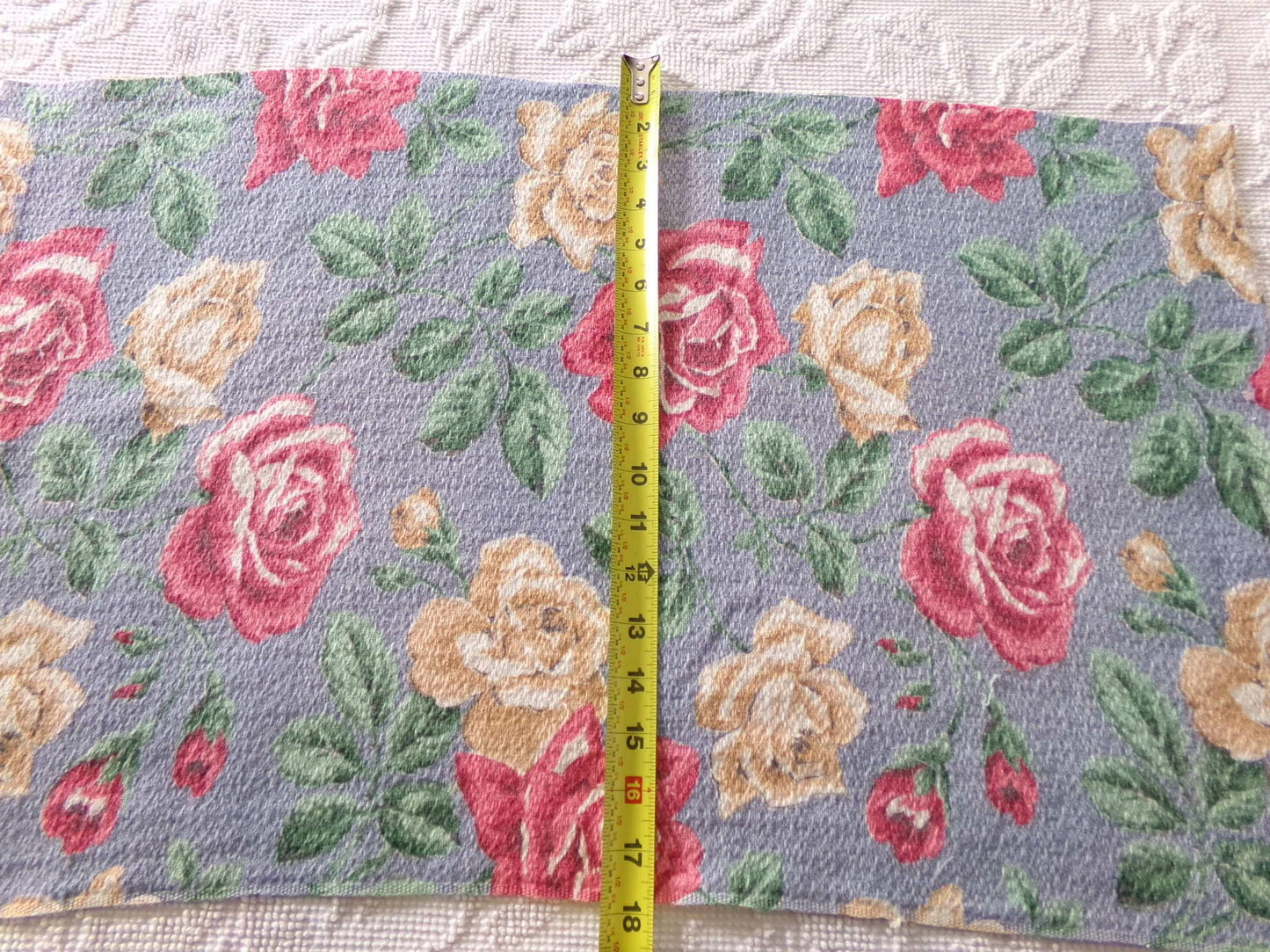 shabby chic rose barkcloth fabric, lovely floral blooms on blue, 27" x 16" inch piece, great vintage sewing material for pillows