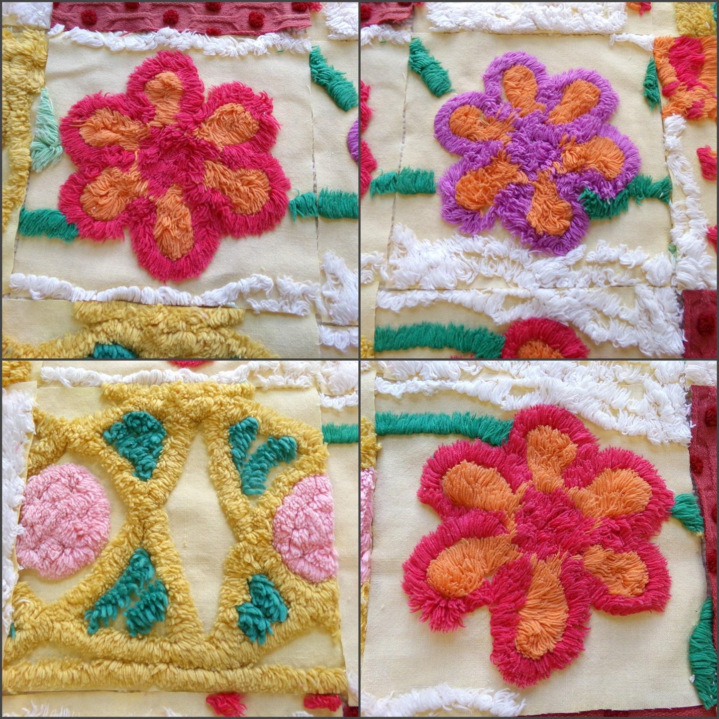 16 vintage 6" chenille fabric squares, set of yellow red quilt blocks, roses & sunshine