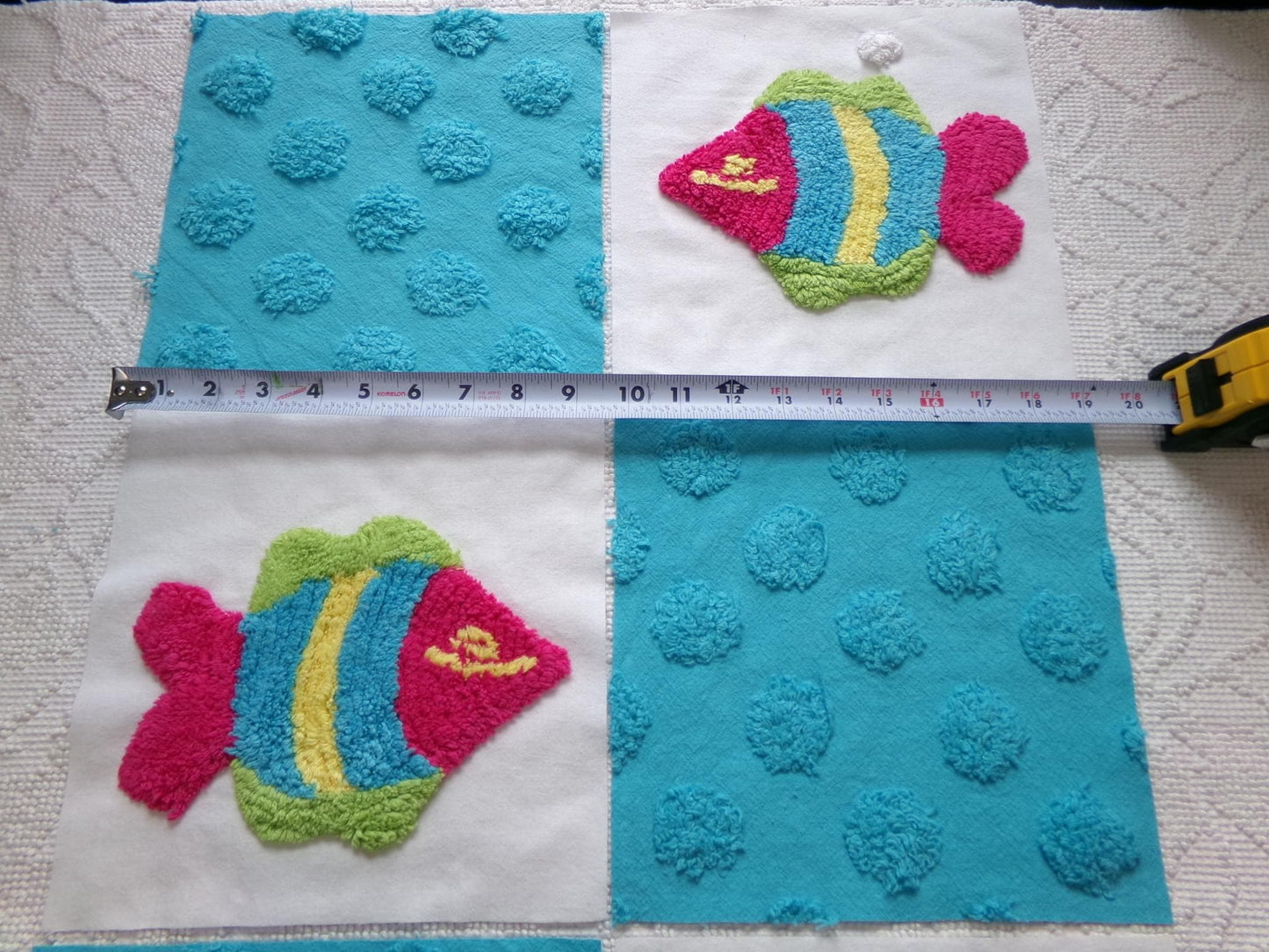 fish fiesta chenille fabric squares, set of 6 large 9.5" square quilt blocks, colorful fishies & bright coin dots