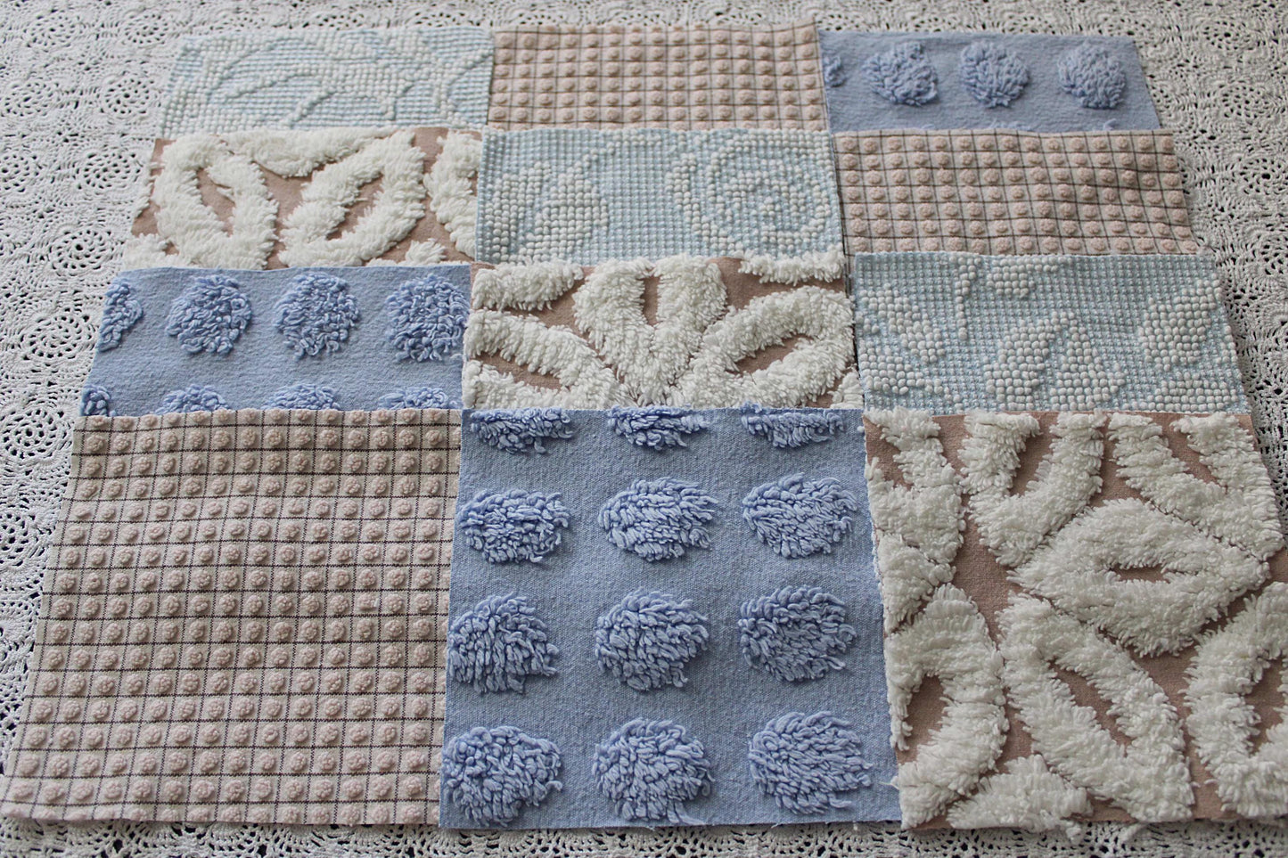 Beach Walk Vintage Chenille Fabric Squares, Blue, White & Sand Craft Square Set, 16 Blocks, 6" x 6" inch, Modern Chic