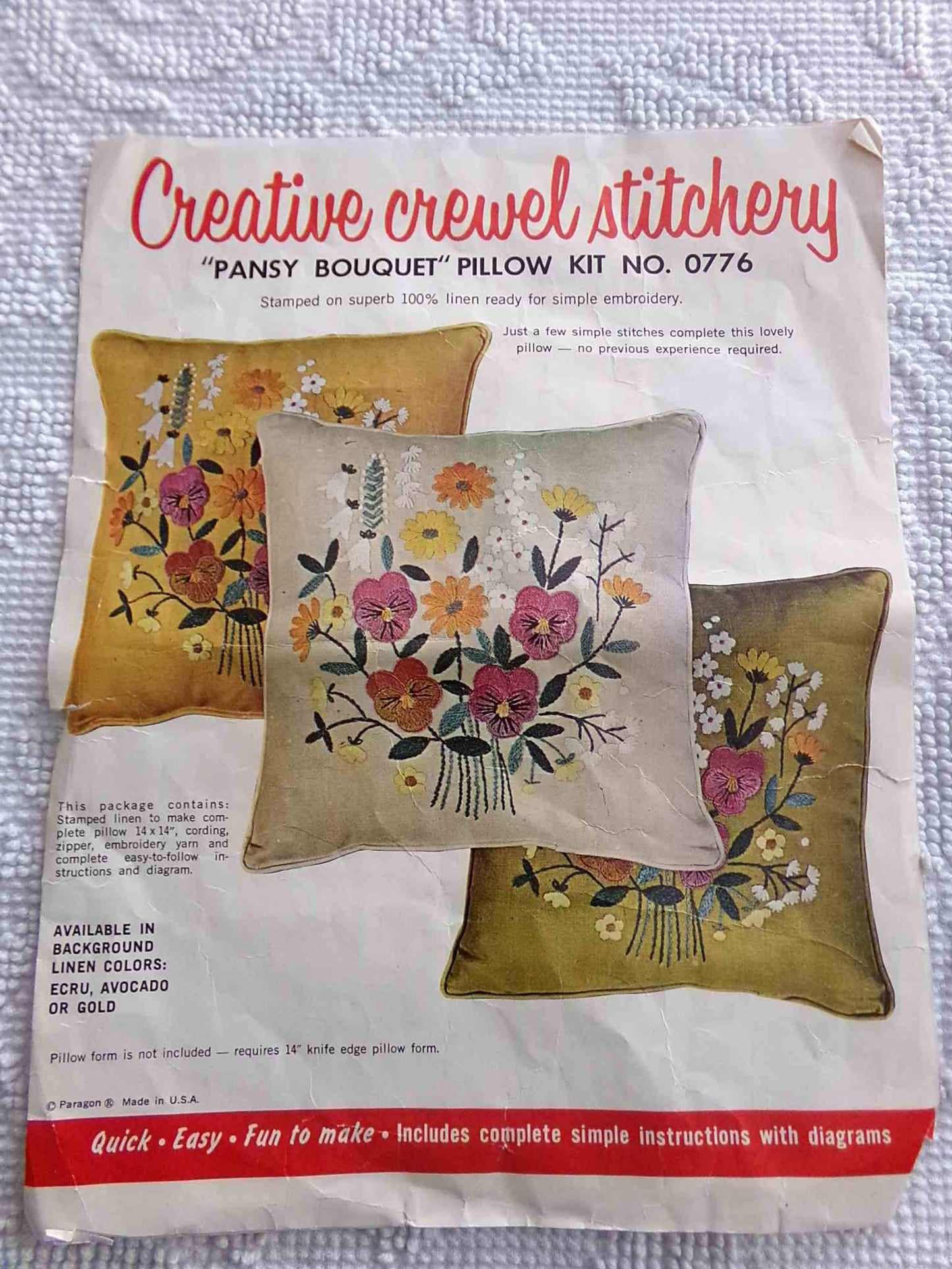 PANSY BOUQUET Pillow Kit by Paragon Creative Stitchery #0776 in Harvest GOLD, Vintage Hippie 1970s Crewel Embroidery, 14" x 14" Square Size