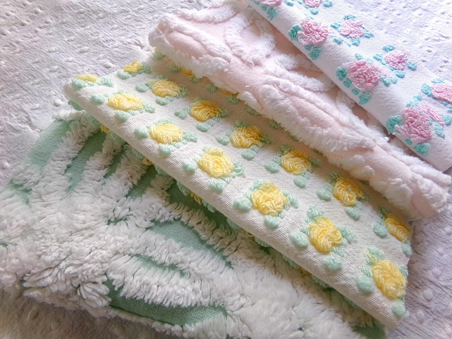 spring medley vintage chenille fabric squares, set of 16 pretty 6" quilt blocks, yellow & pink rosebud, daisy flower, white, mint green