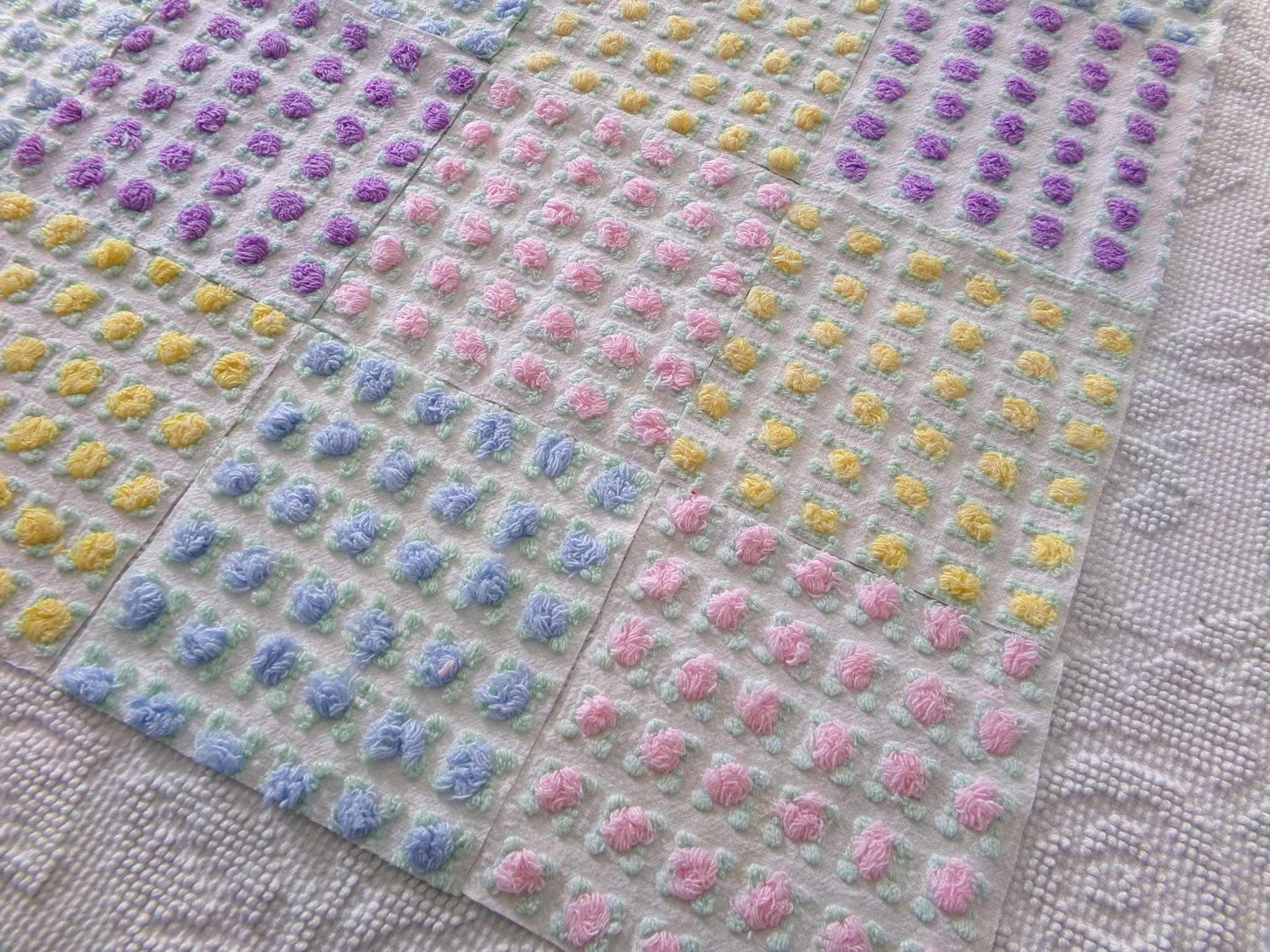 Premium Rosebuds Medley of chenille fabric squares, quilt square set cut from Vintage Chenille Bedspread Fabrics, 16 Blocks, 6" x 6" inch