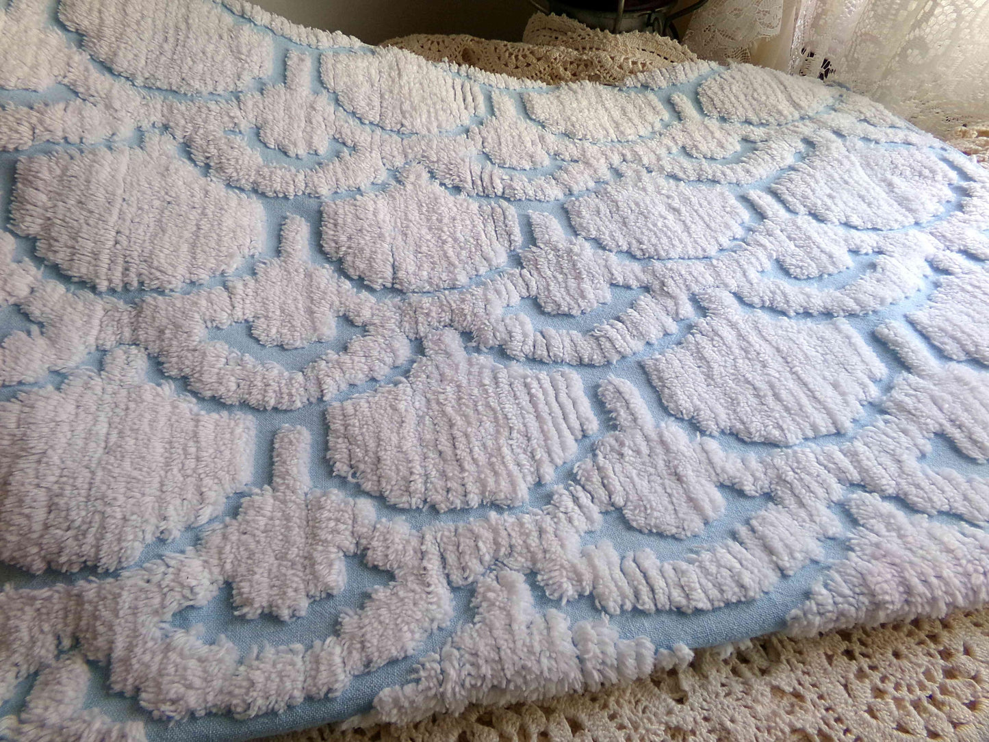 Celestial Sculpted 3D Cloud Blue Vintage Chenille Fabric, 26" x 19" inch piece
