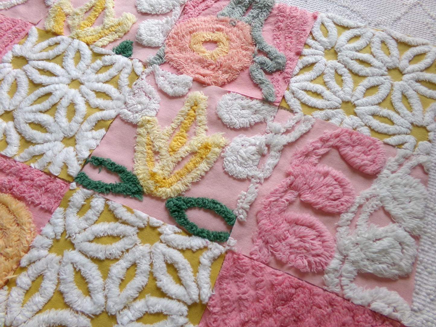 vintage chenille fabric squares, "autumn sunrise" set of 16 golden pink floral 6" quilt blocks for quilting, crafts, sewing