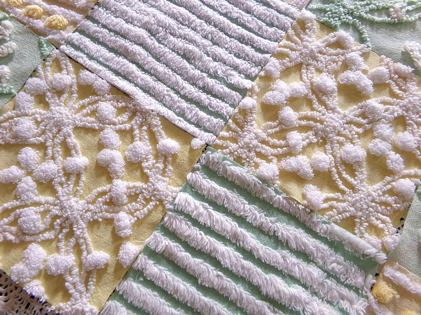 Springtime Fresh Chenille Fabric Squares Set in Yellow, Green & White, 17 Blocks, 6" inch ea, Cheery Stripes, Dots Geometric Designs