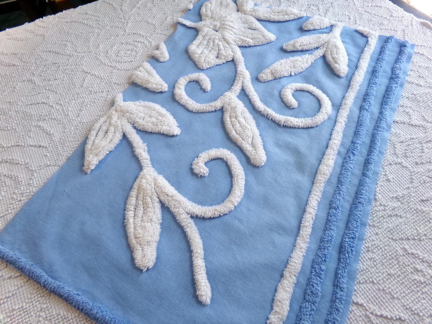 botanical white lily vintage chenille fabric, soothing blue 15" x 22" piece of sewing material for quilting and crafts