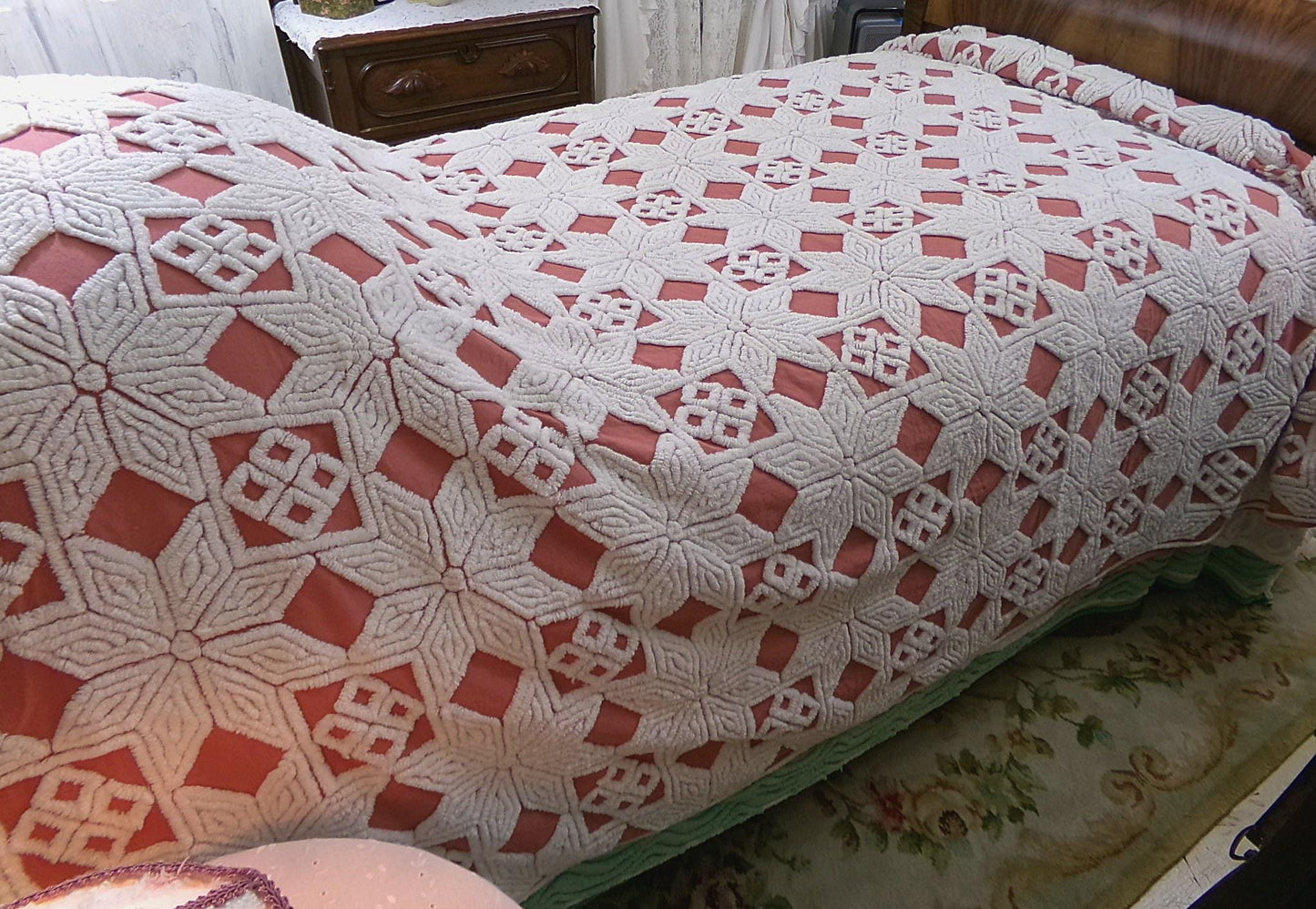 Modern Boho Terracotta Chenille Bedspread, Rustic Eight Point Star Vintage Quilt Style Design, Full Size Country Bedding