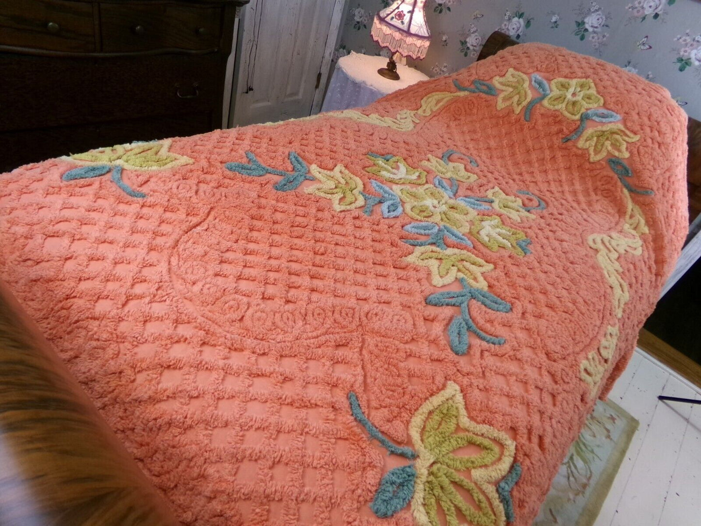 Vivid Orange Floral Vintage Chenille Bedspread, Boxed & Fitted Design, Full Size