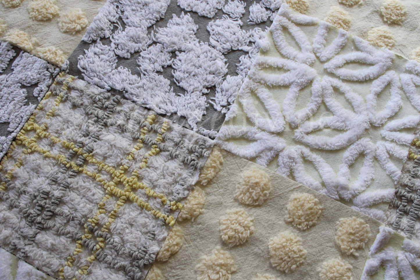 Sunshine & Clouds Chenille Quilt Squares Set, Rotary Cut from Vintage Chenille Bedspread Fabric, 16 Blocks, 6" x 6" inch each