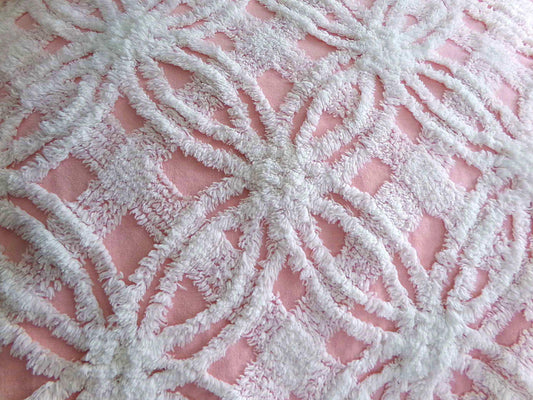 quilter's favorite chenille fabric, classic pink & white spider tufted sewing material, 20" x 24" inch piece from vintage chenille bedspread