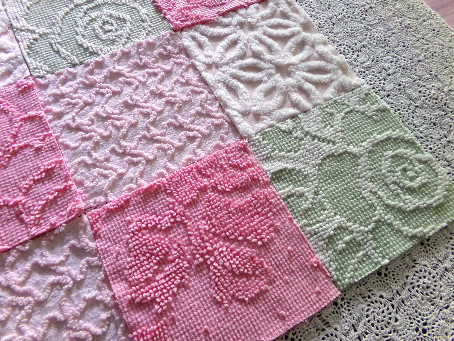 Flower Lady Vintage Chenille Squares, 16 Quilt Blocks, 6" inch in Sage Green, Petal Pink & Rose, from Chenille Bedspread Fabrics
