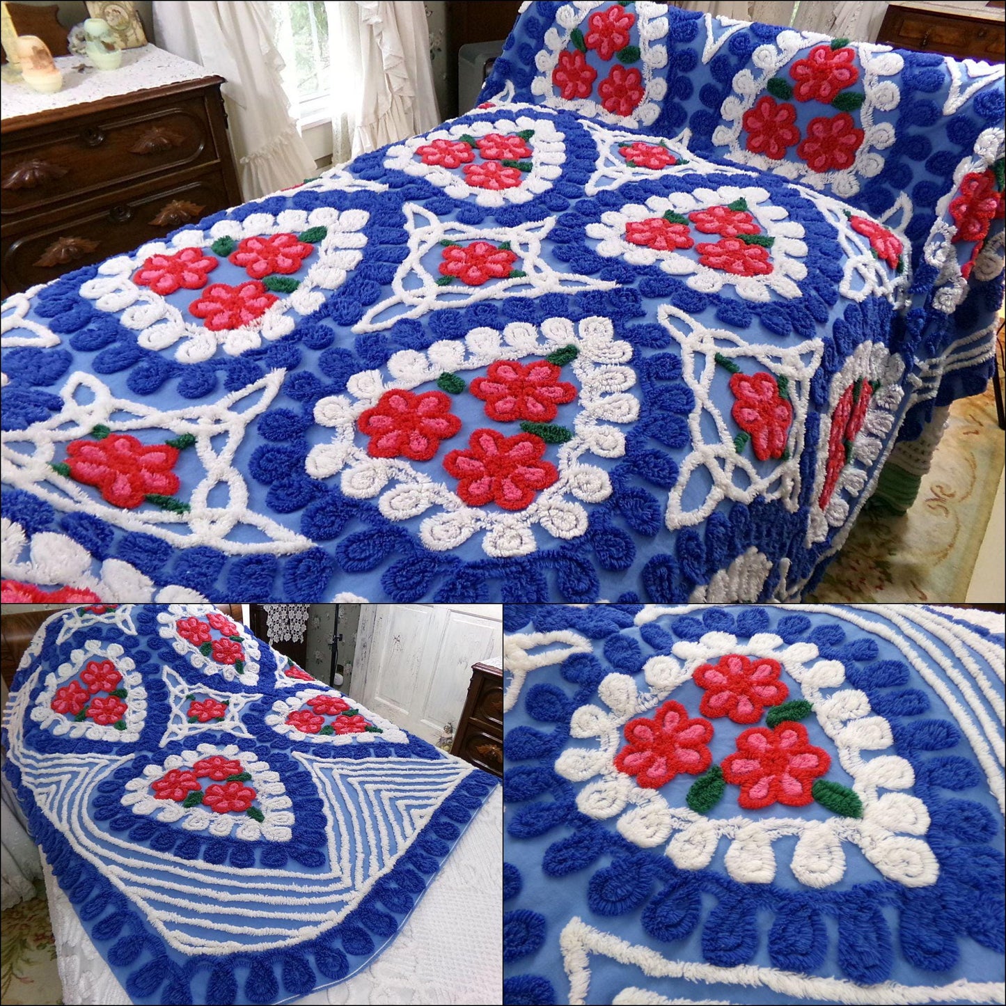 American Spirit Vintage Chenille Bedspread with Brilliant Red Roses in Blue & White Hearts, Full Size Bedding